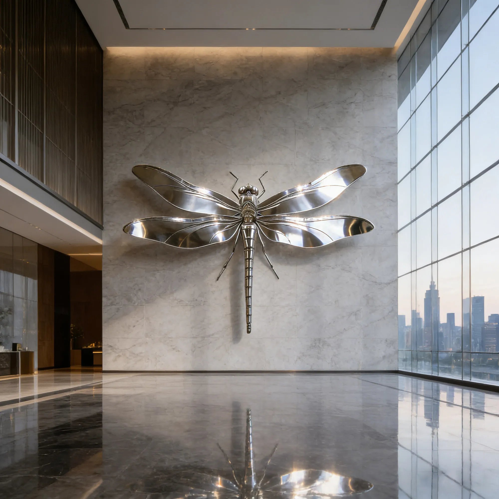 Stainless steel dragonfly wall sculpture in a modern office building.