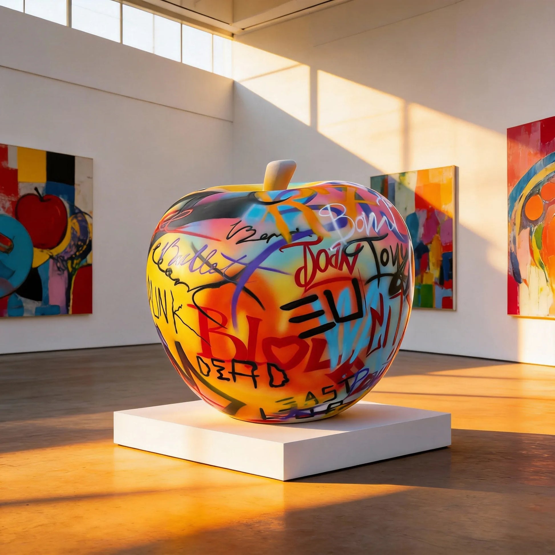 Graffiti apple stainless steel sculpture in an art gallery.