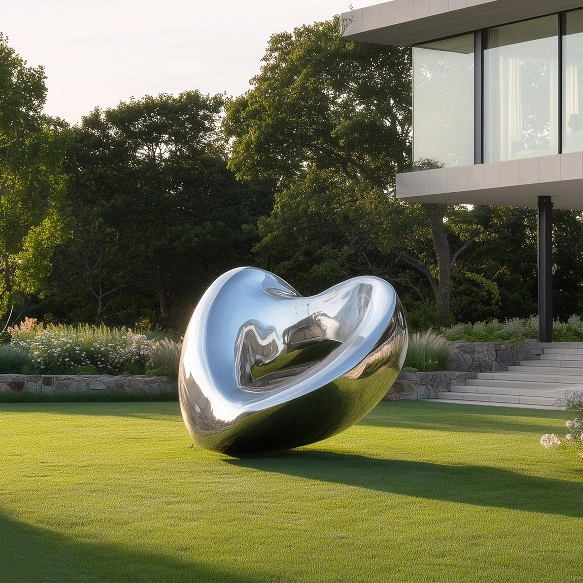 Polished stainless steel sculpture in heart shape on grass in front of a villa.