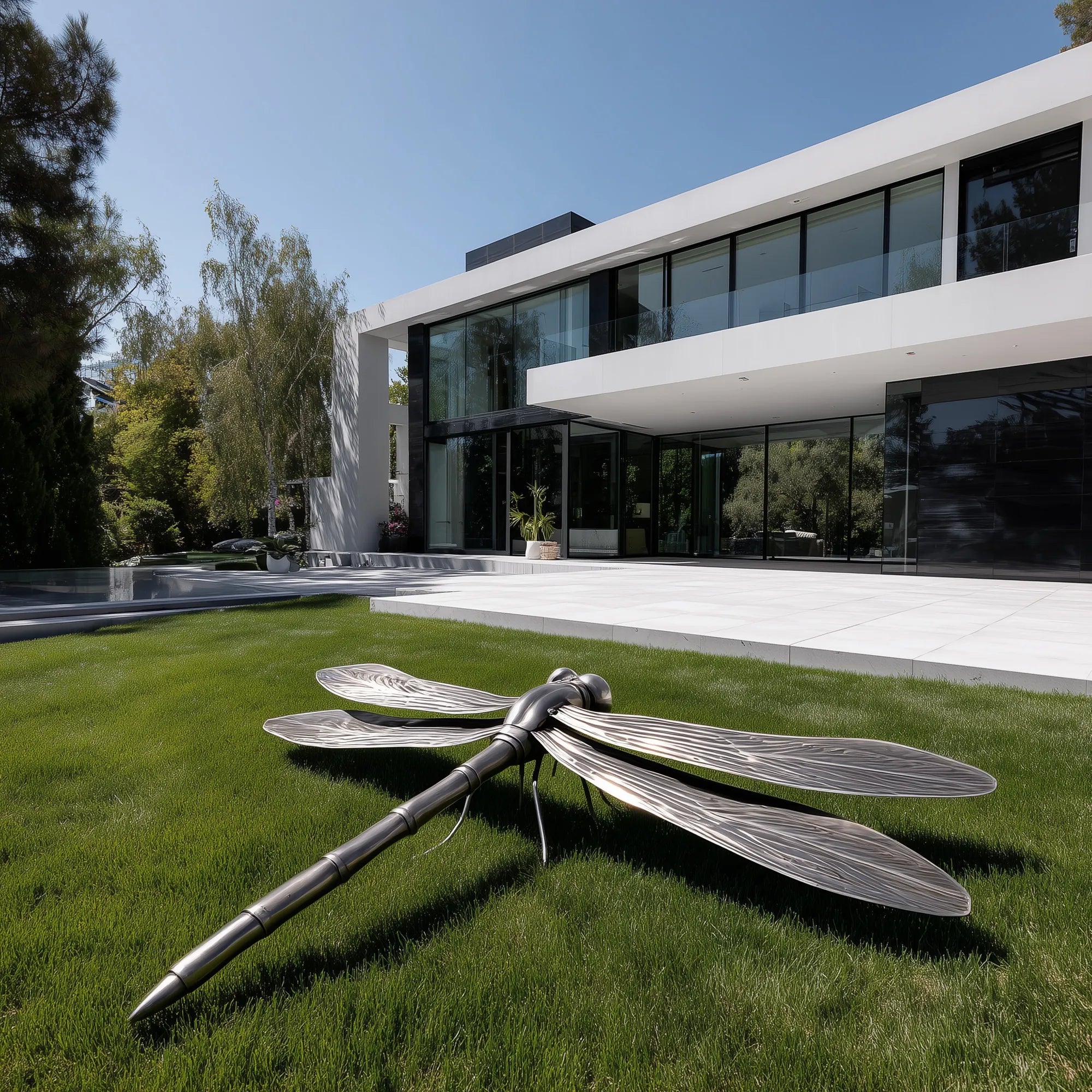 Stainless steel dragonfly sculpture on grass in front of a modern villa.