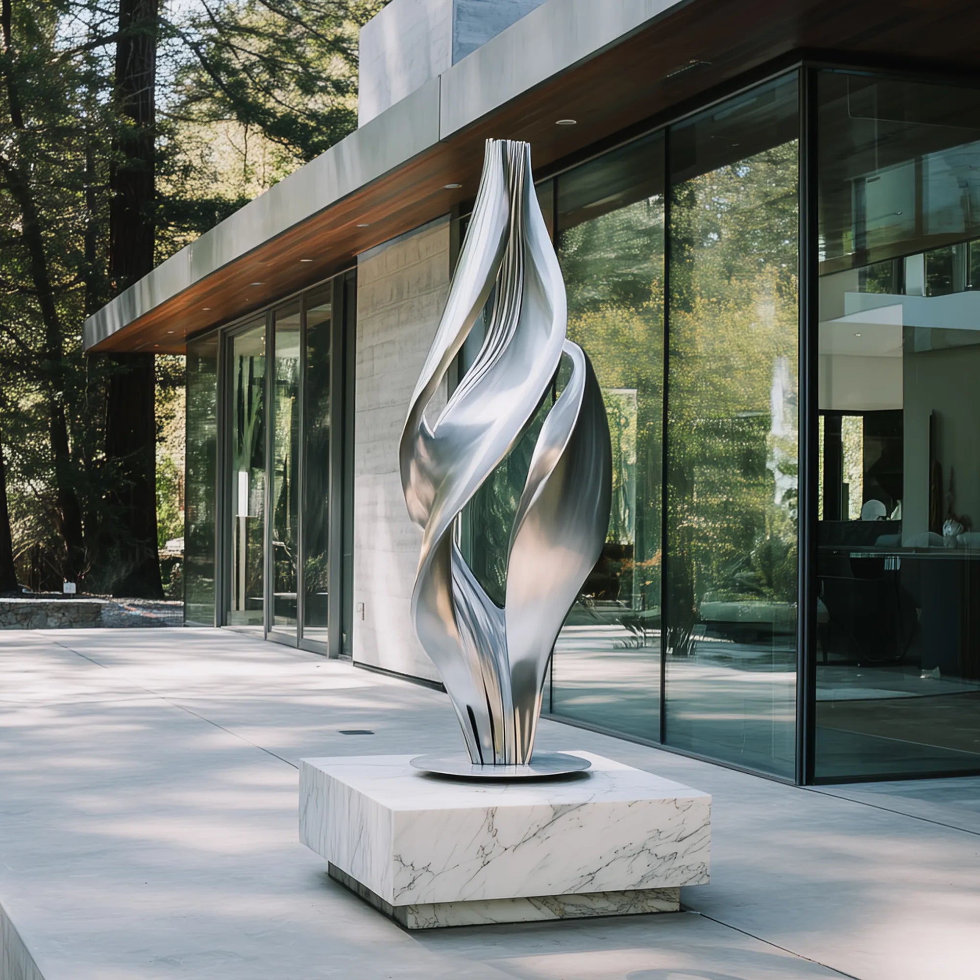 Abstract stainless steel sculpture in flowing form in a modern house patio.
