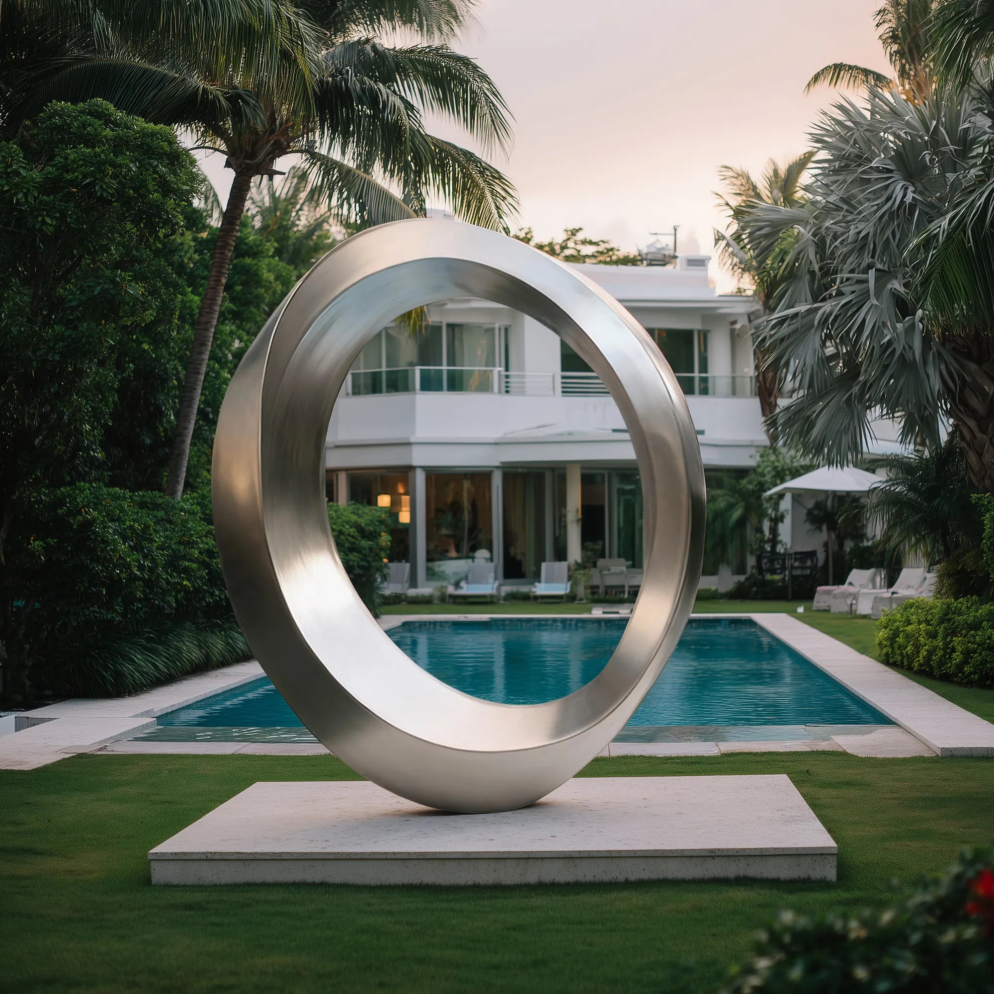 Brushed stainless steel circular ring sculpture in front of swimming pool and modern villa.