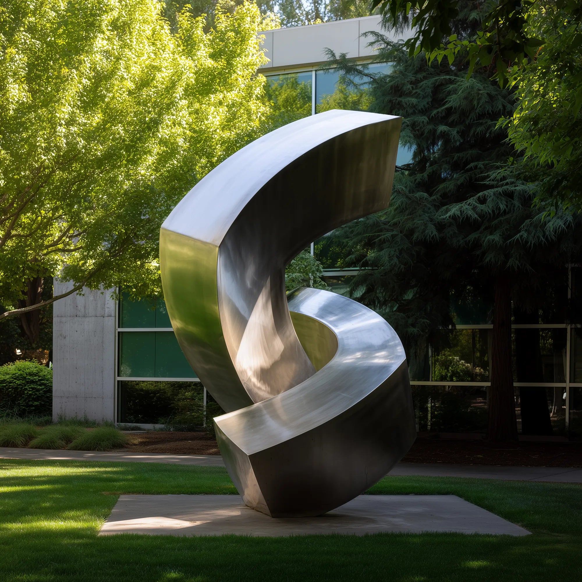 Abstract stainless steel sculpture with curved flowing form in polished finish in a garden near an office building.