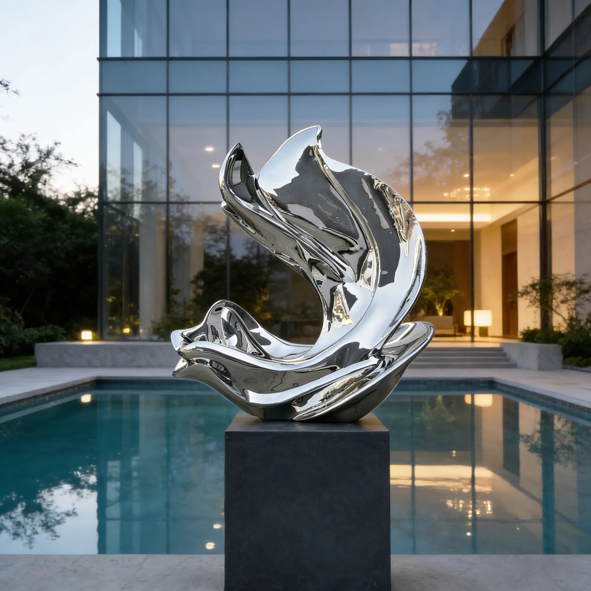 Mirror polished stainless steel abstract sculpture with fluid curved form beside pool with glass building. 