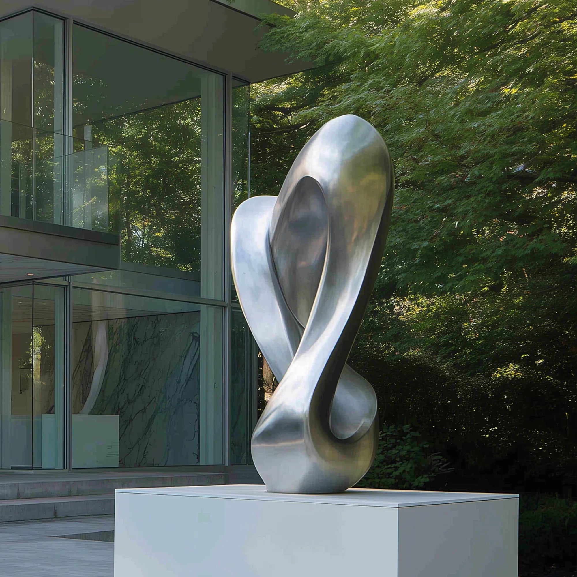 Figure eight inspired stainless steel abstract sculpture with flowing loop form beside modern glass house exterior and green trees.