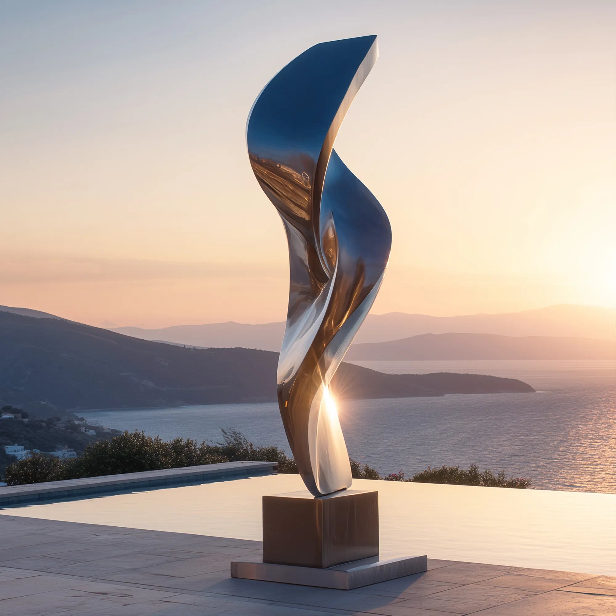 Polished stainless steel flowing sculpture beside an infinity pool with ocean and mountain views.