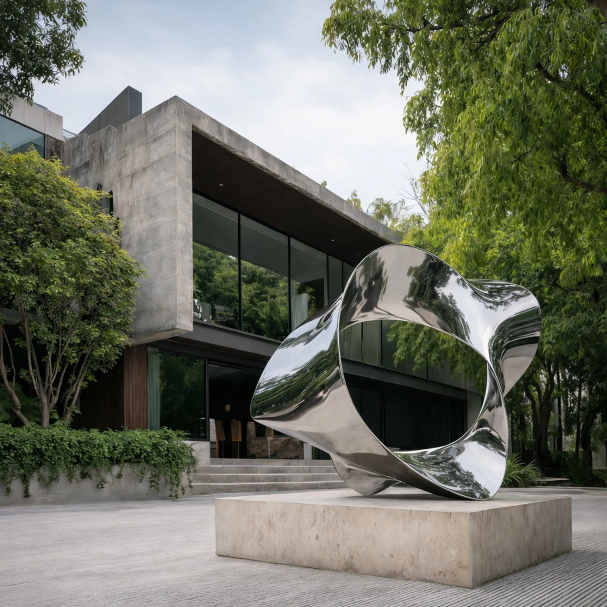 Mirrored stainless steel star shape sculpture in a modern villa courtyard with trees and concrete architecture.