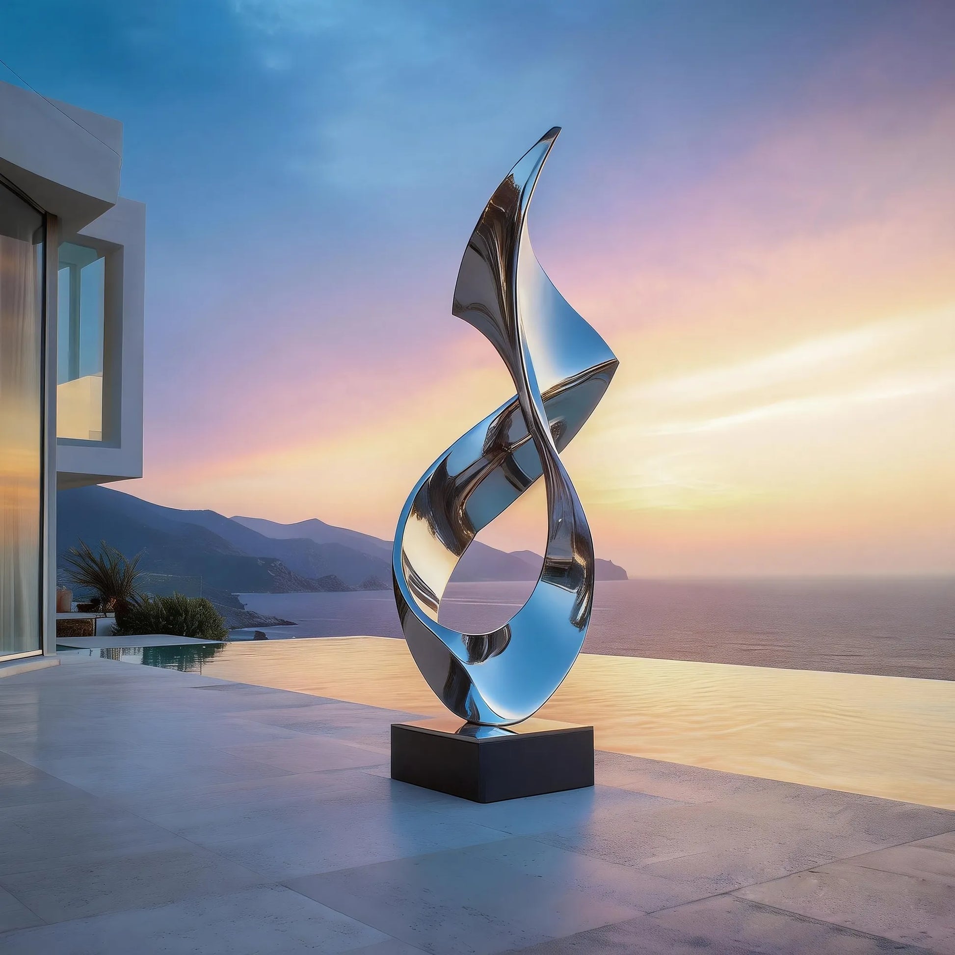Mirrored stainless steel flowing form sculpture beside an infinity pool with ocean sunset views and modern villa architecture