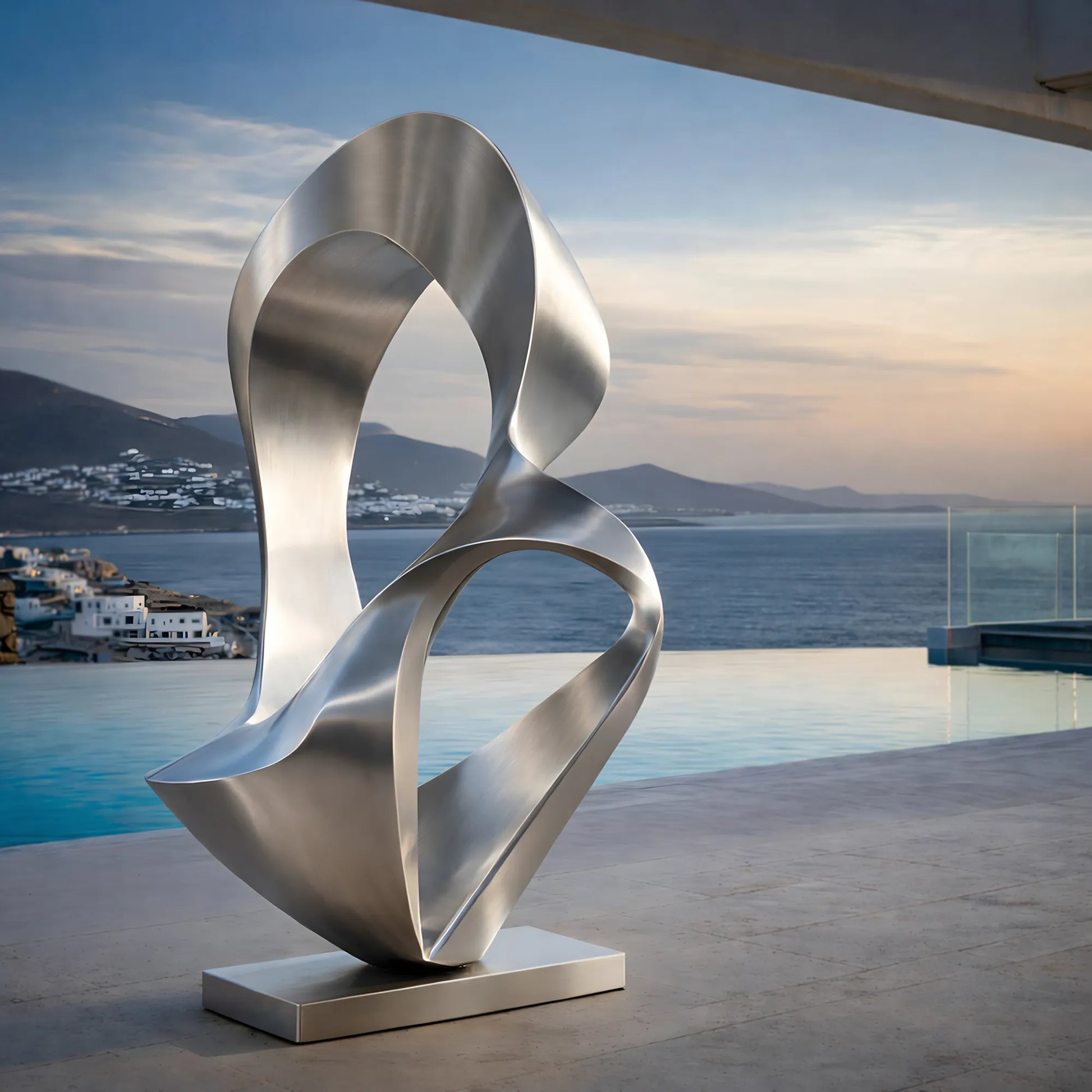 Brushed stainless steel abstract sculpture with flowing hollow forms beside an infinity pool and coastal modern villa terrace.