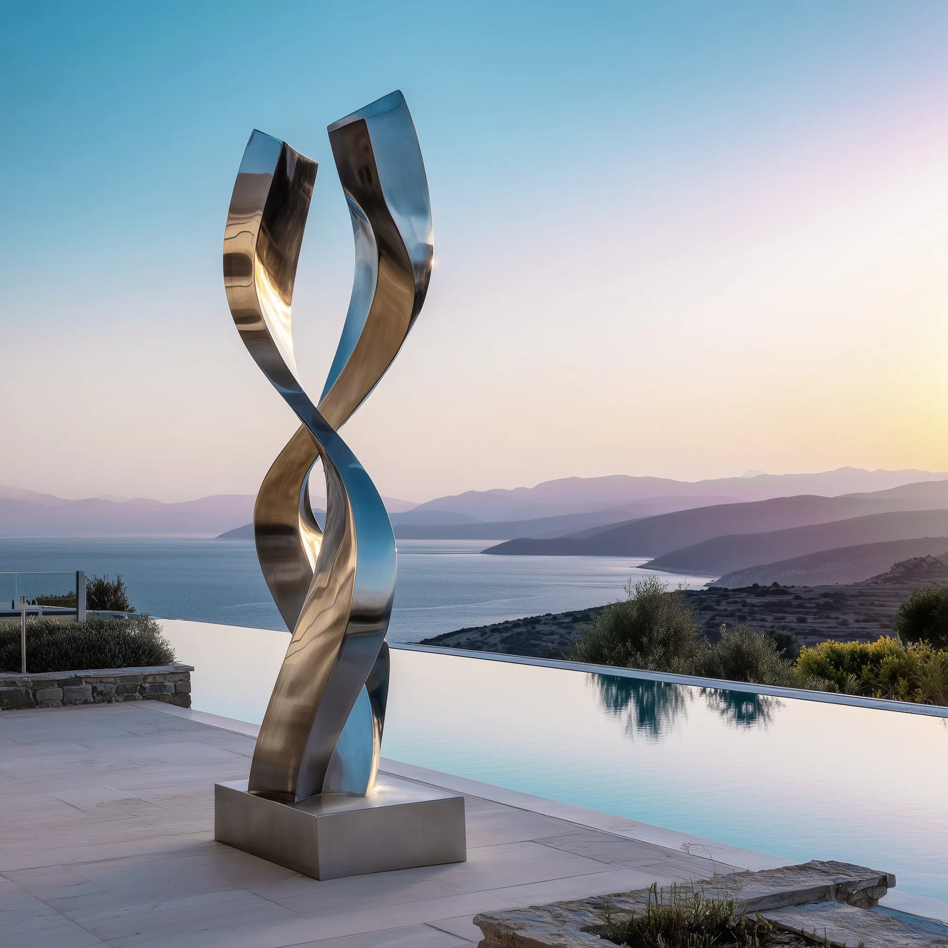 Tall mirror polished stainless steel spiral sculpture beside an infinity pool in a coastal villa terrace overlooking the ocean.