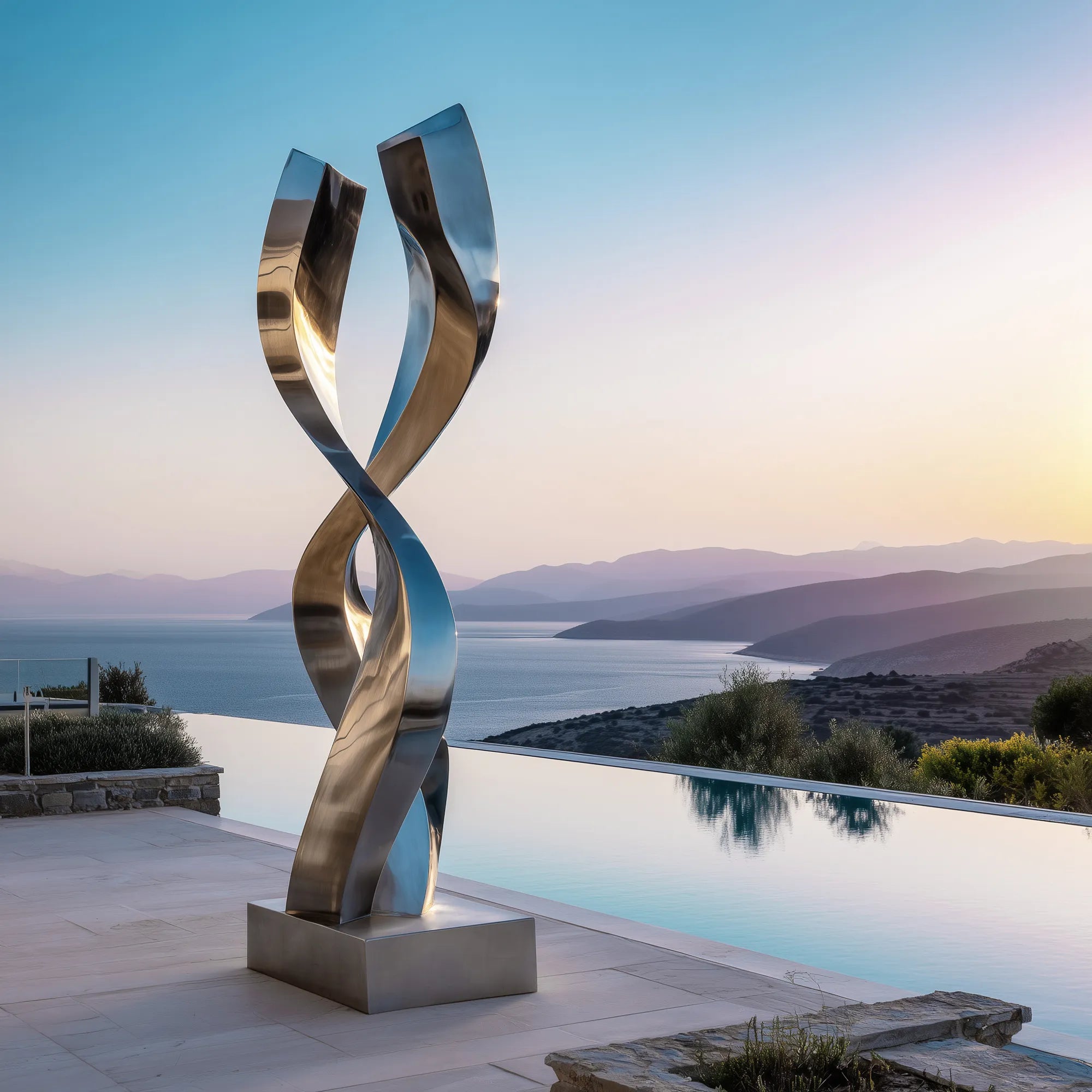 Tall mirror polished stainless steel spiral sculpture beside an infinity pool in a coastal villa terrace overlooking the ocean.