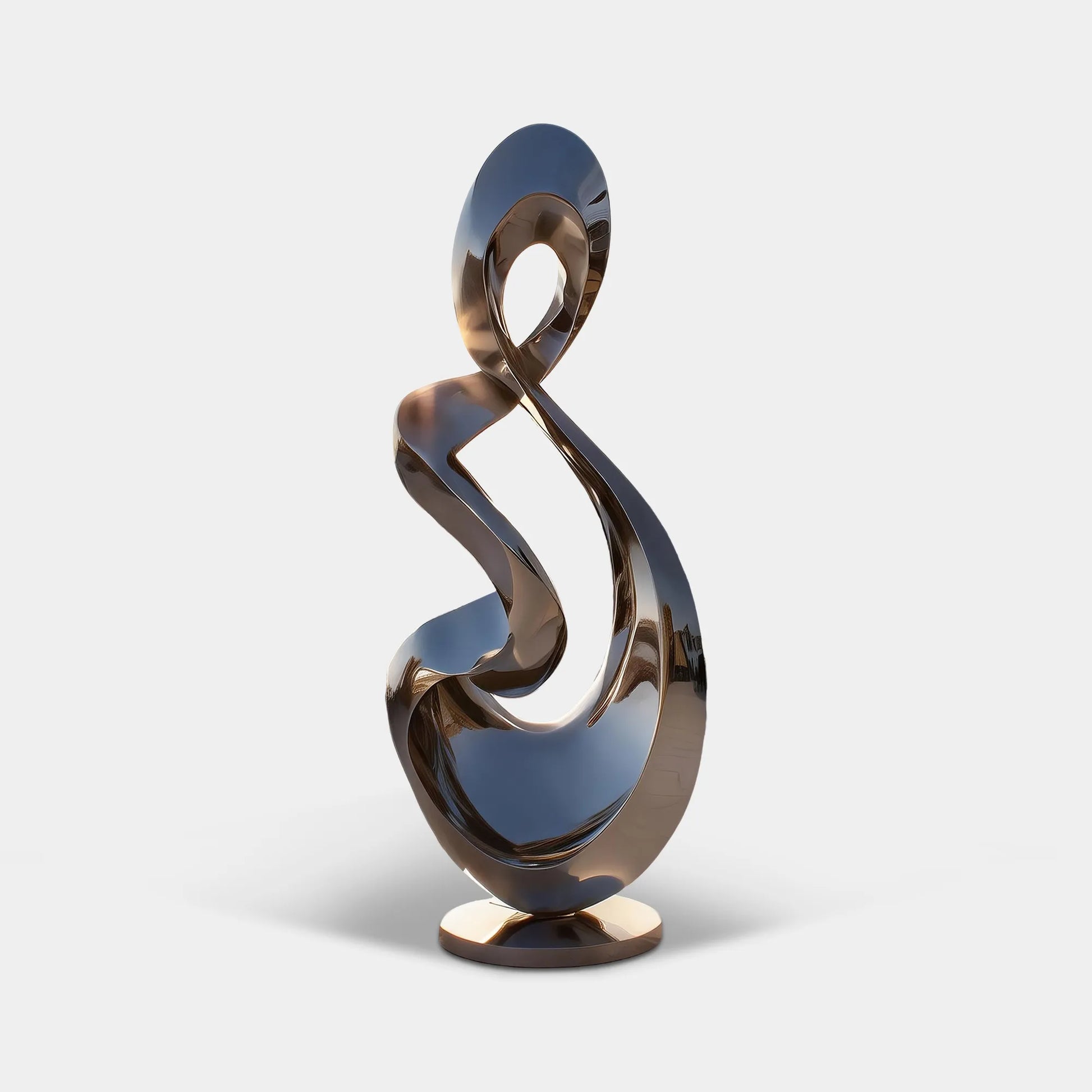 Mirror polished stainless steel flowing form sculpture in a seaside rooftop terrace overlooking coastal villas.