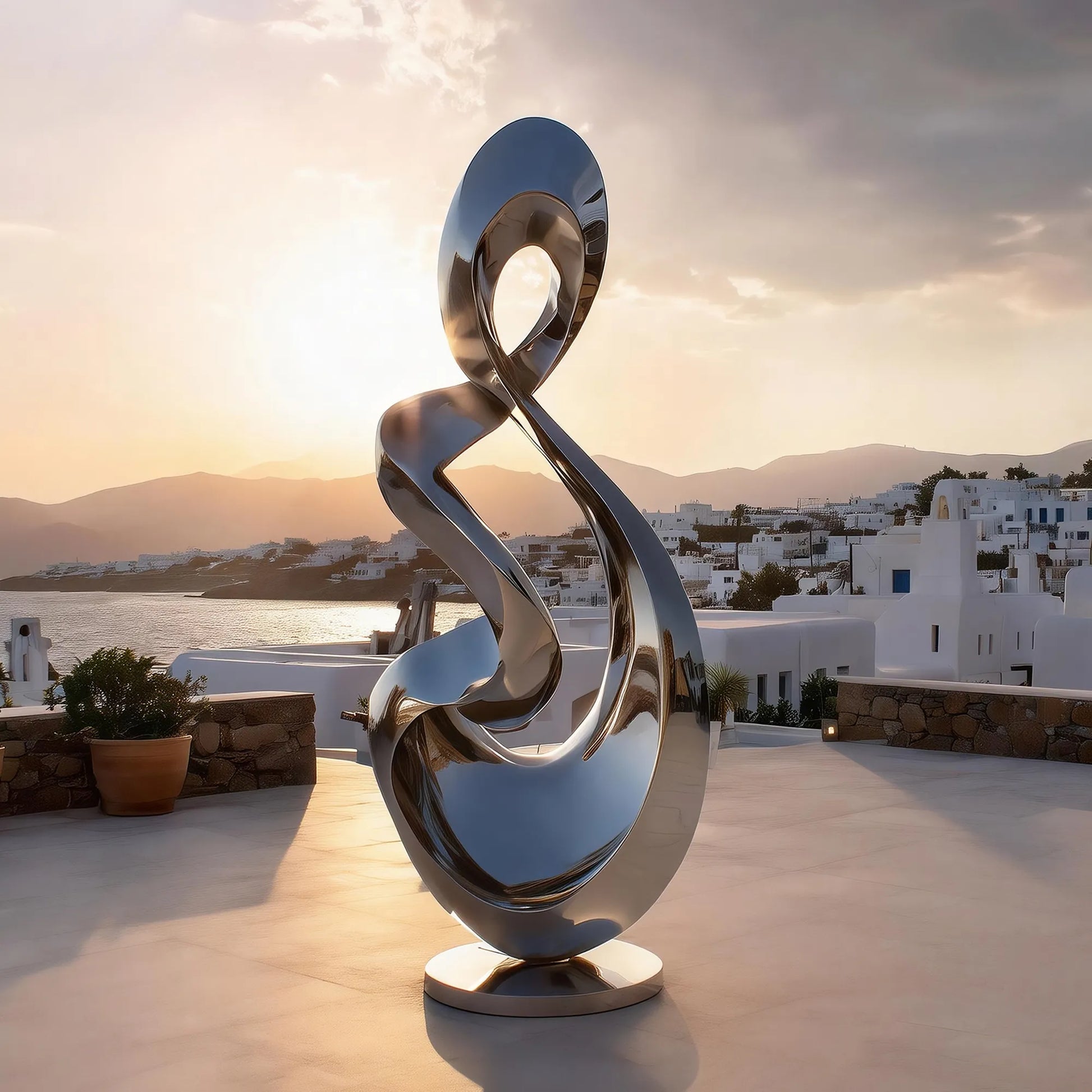 Mirror polished stainless steel flowing form sculpture in a seaside rooftop terrace overlooking coastal villas.