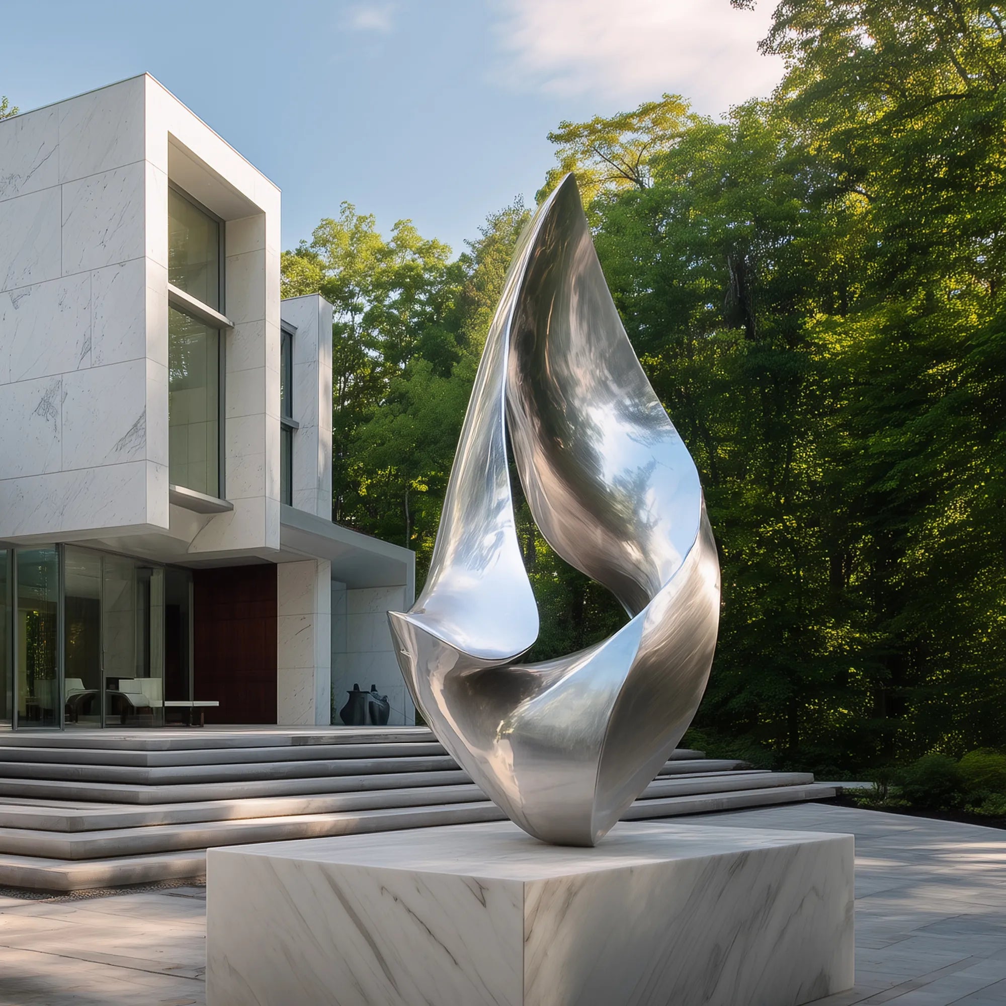 Polished stainless steel abstract sculpture with flowing curved form in modern villa courtyard.