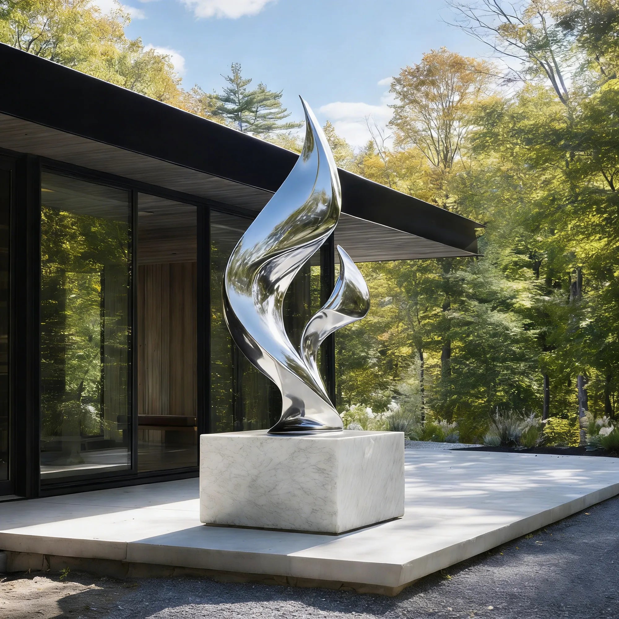 Mirror polished stainless steel flowing form sculpture on a marble base in a modern forest villa courtyard. 