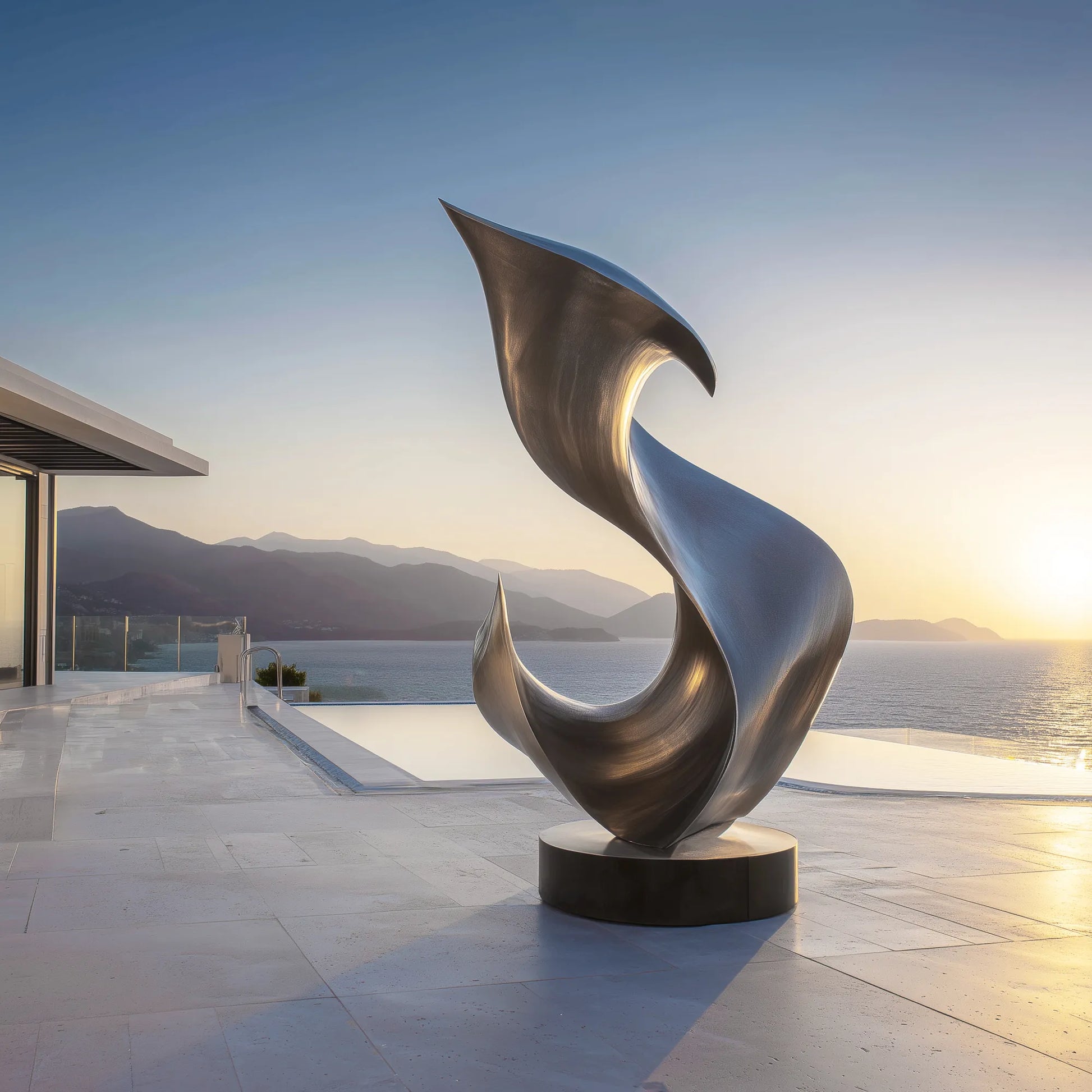 Abstract brushed stainless steel sculpture with flowing curved form on a round base beside a luxury pool terrace overlooking the ocean.