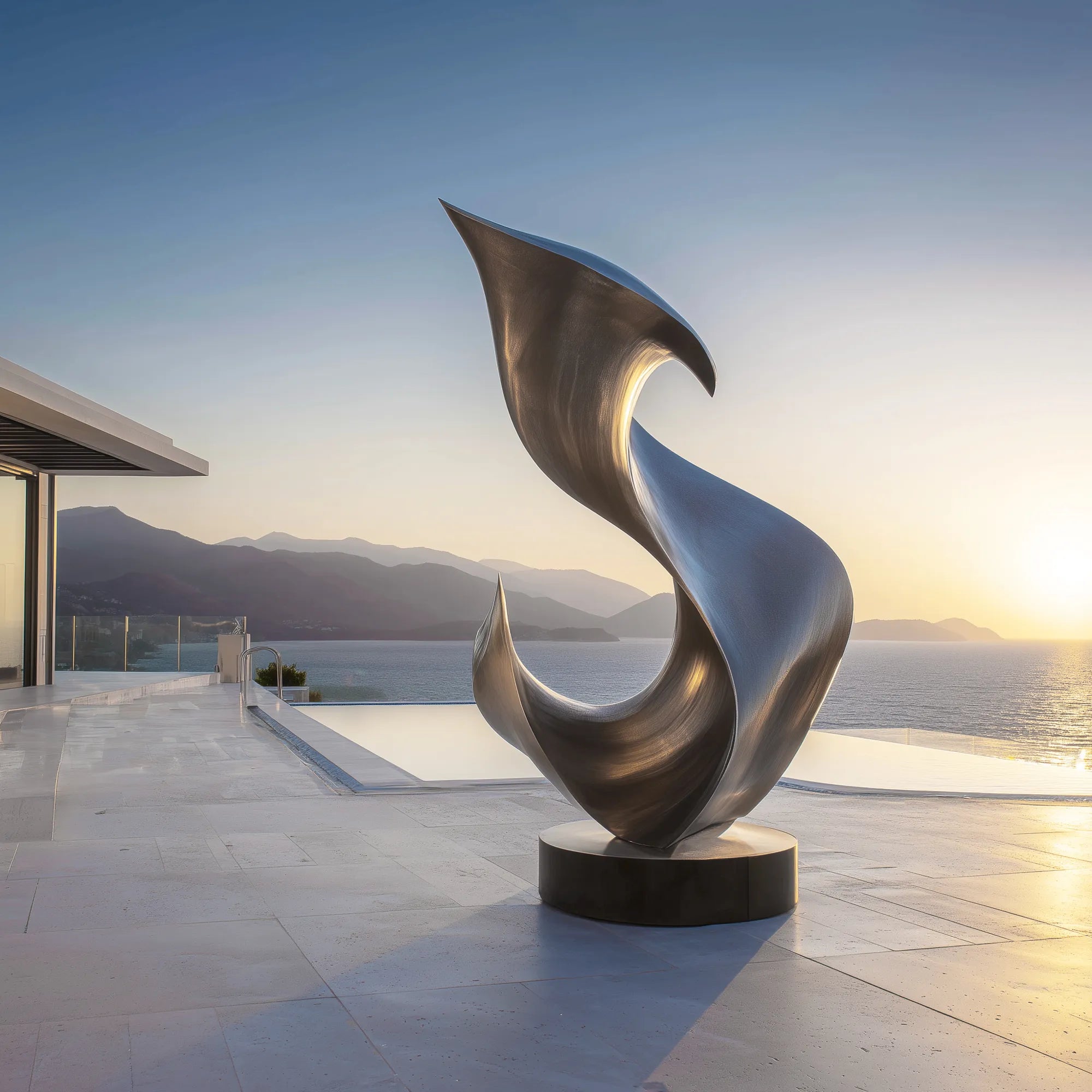 Abstract brushed stainless steel sculpture with flowing curved form on a round base beside a luxury pool terrace overlooking the ocean.