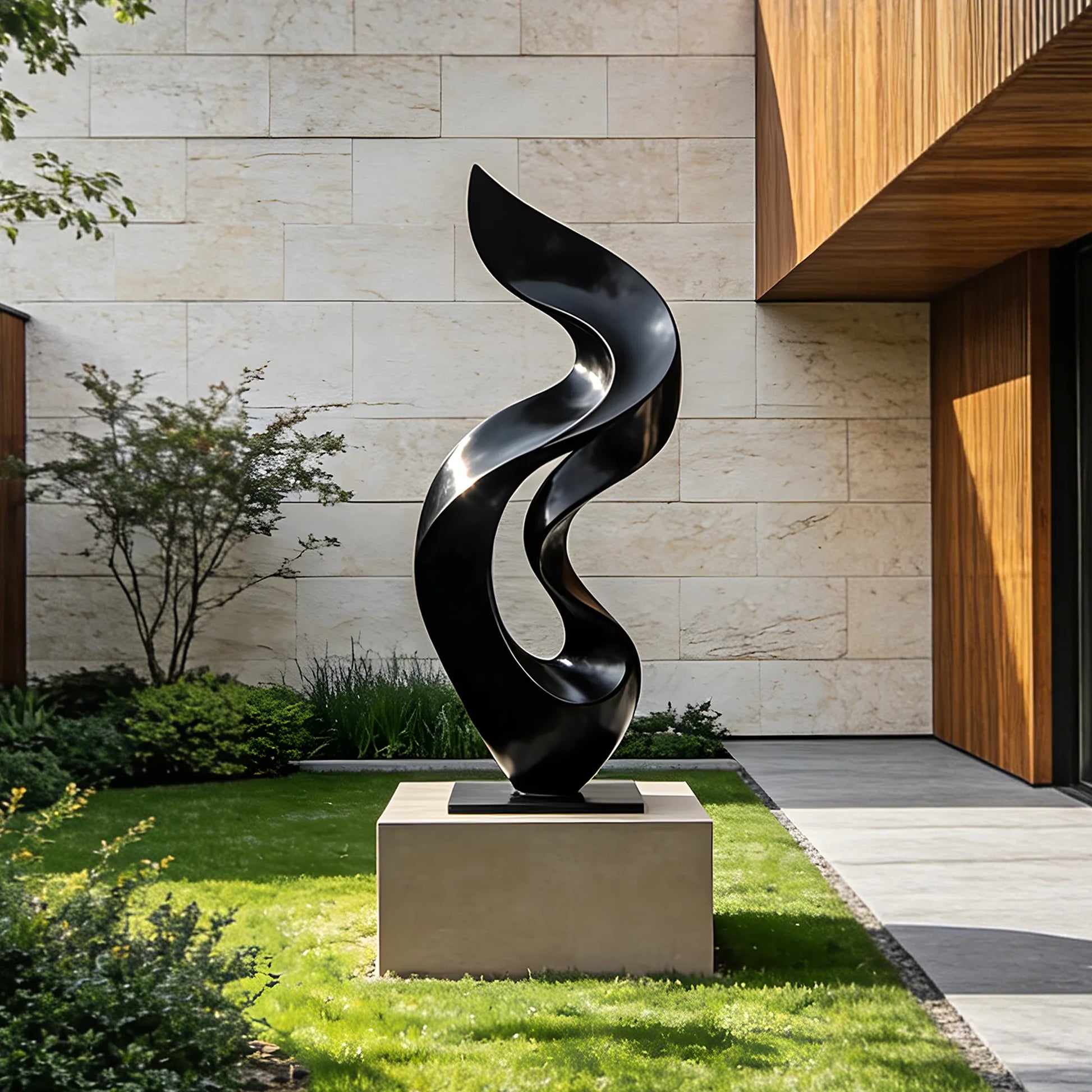 Black stainless steel abstract sculpture with flowing open form on a pedestal in a modern residential garden courtyard.