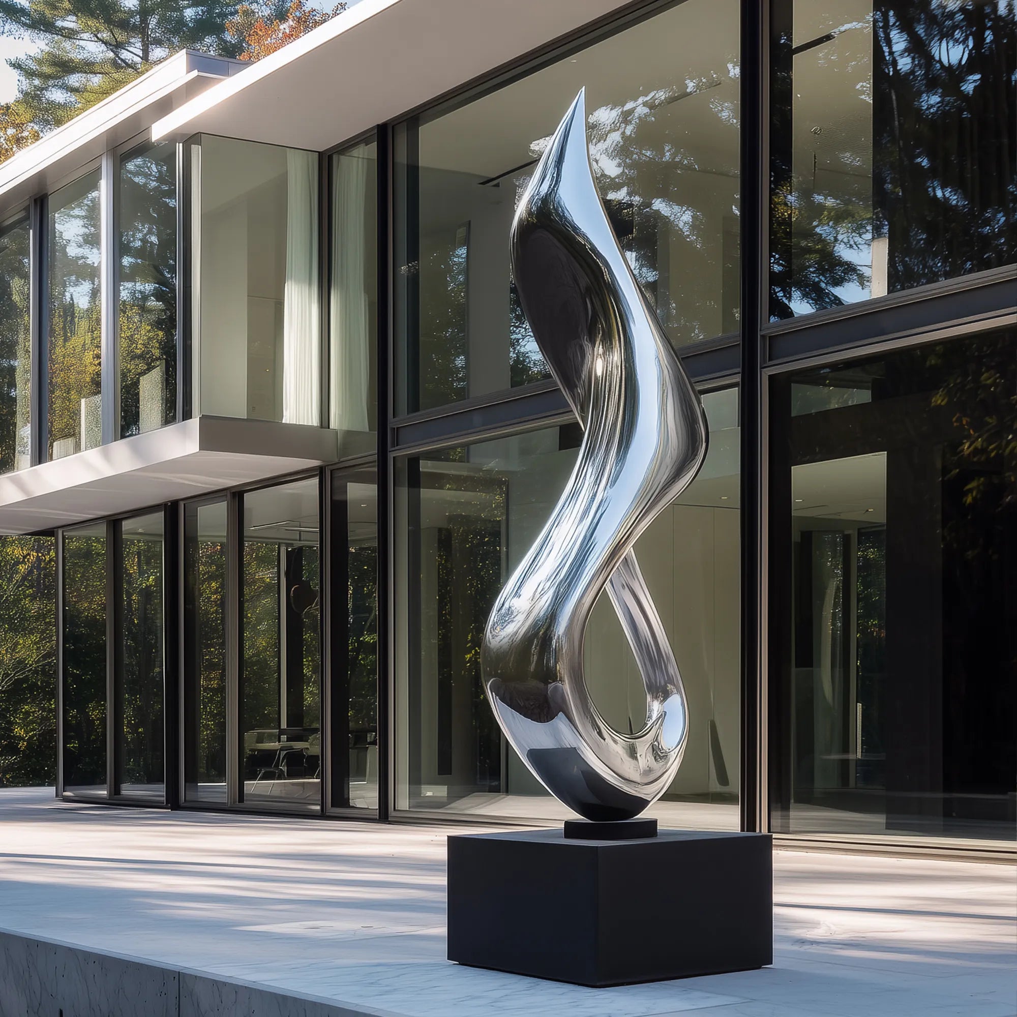 Polished stainless steel flowing form sculpture on a black pedestal in front of a modern glass residence.