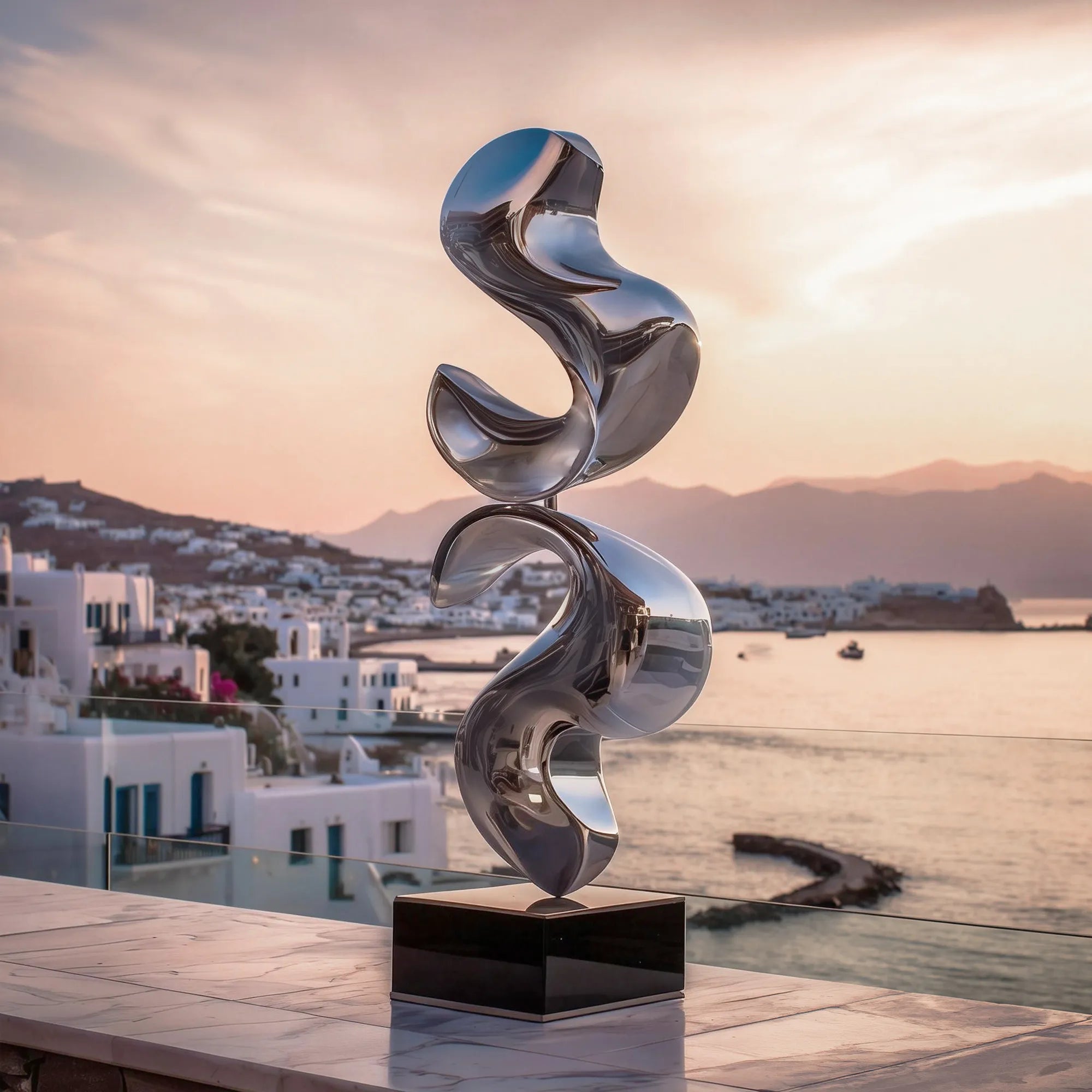 Polished stainless steel abstract sculpture on a black pedestal overlooking a coastal waterfront terrace.