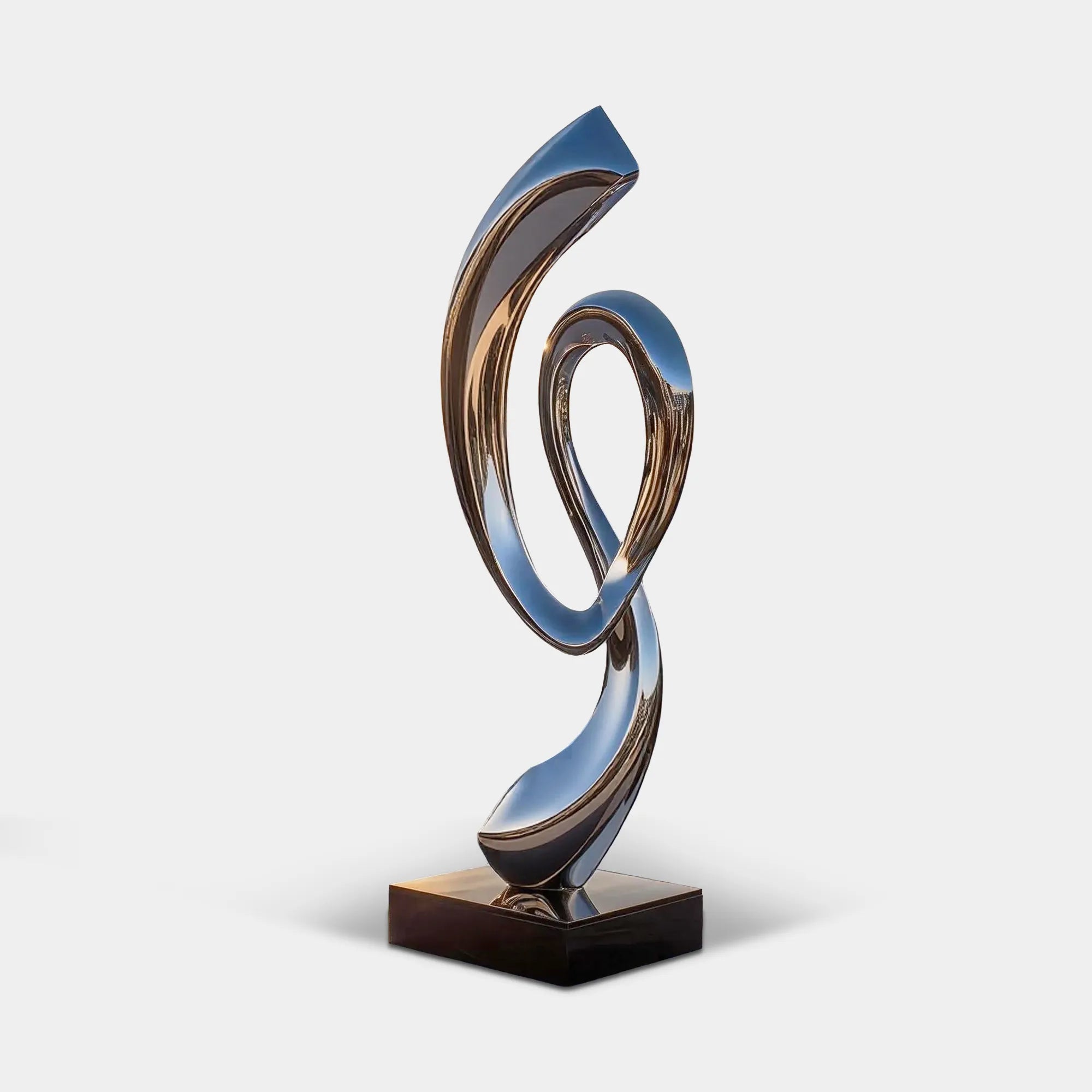 Mirror polished stainless steel abstract ring form sculpture with flowing curves and an open center.