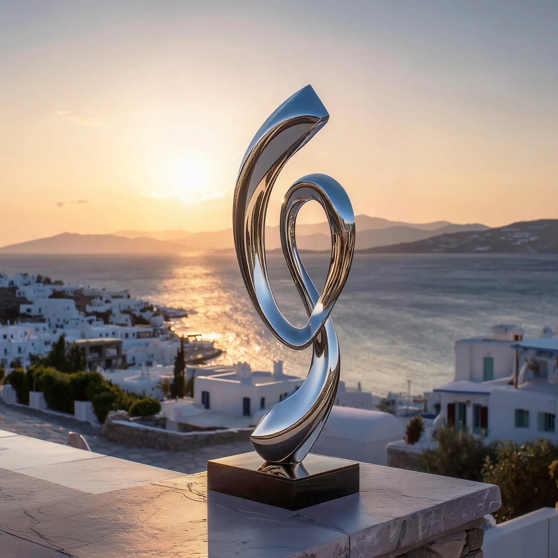 Mirror polished stainless steel abstract ring form sculpture with flowing curves and an open center.