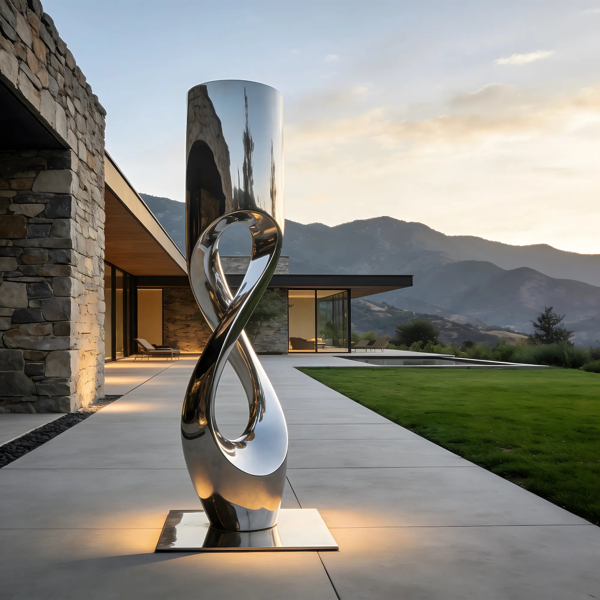 Mirror polished stainless steel abstract sculpture with intertwined open form in a modern residential courtyard.