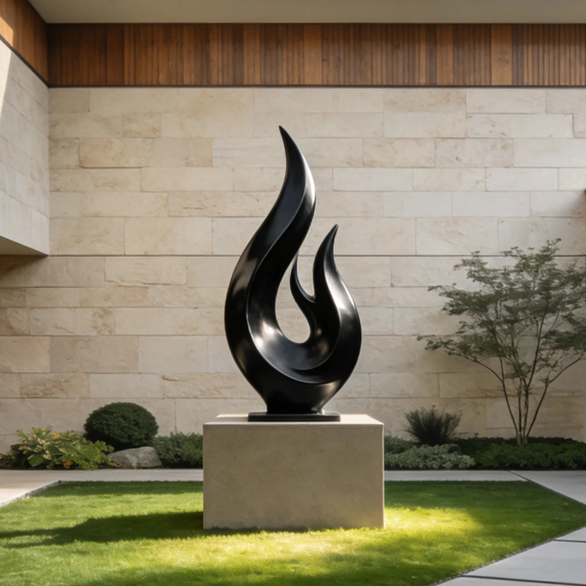 Black flame stainless steel sculpture stands on green lawn against light stone wall.