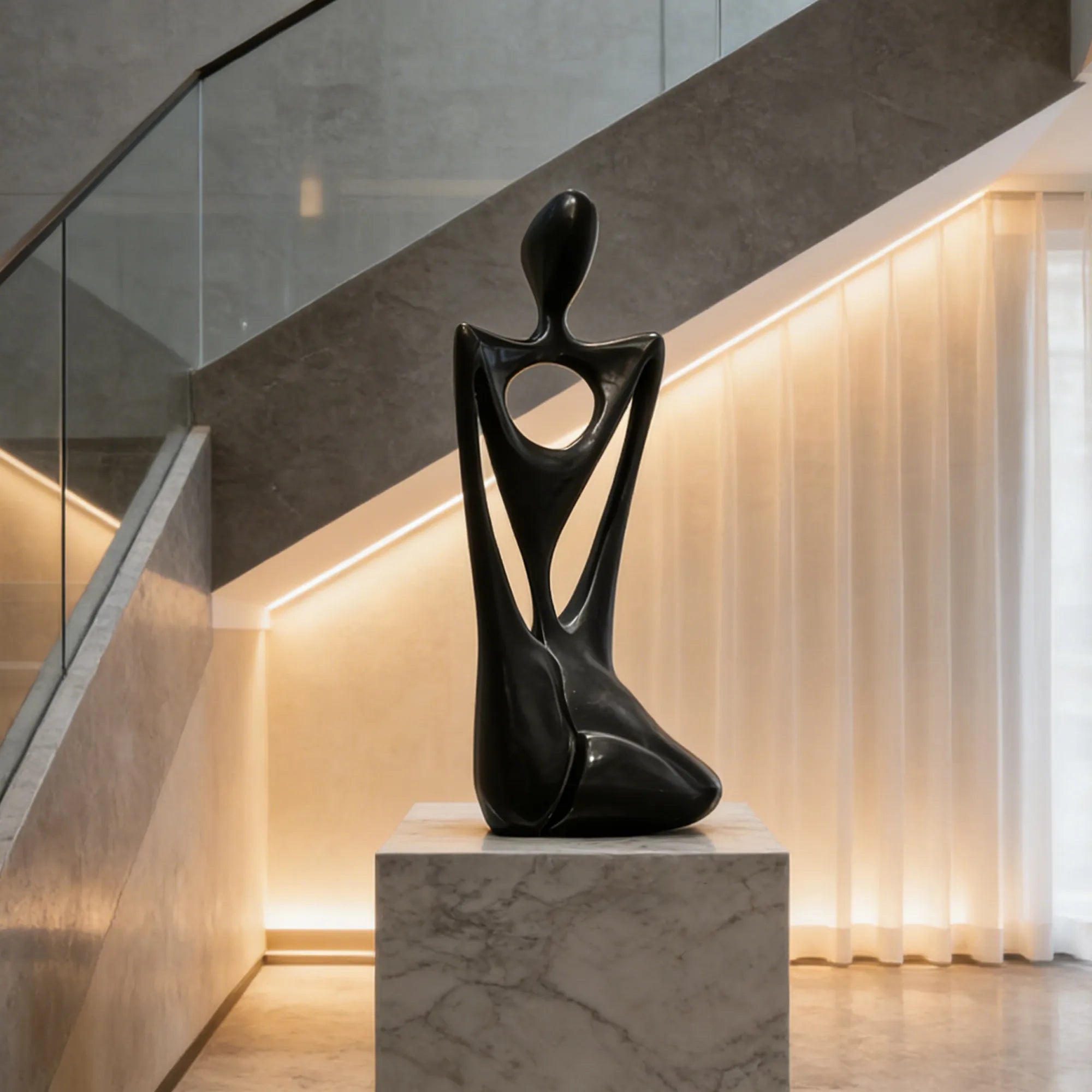 A black hollow abstract seated figure stainless steel sculpture rests beside a lit concrete staircase and sheer curtains.