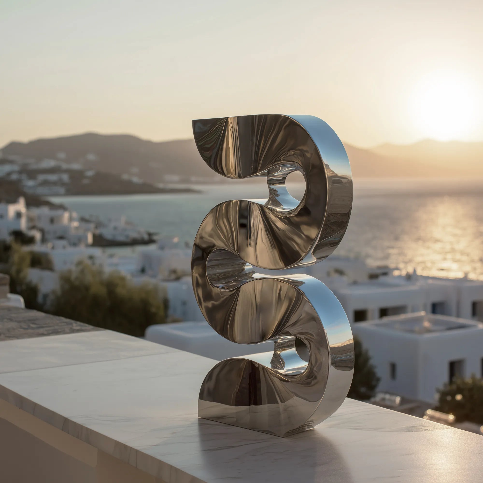 A reflective twisted spiral stainless steel sculpture sits on white stone rooftop overlooking sea and white coastal buildings.