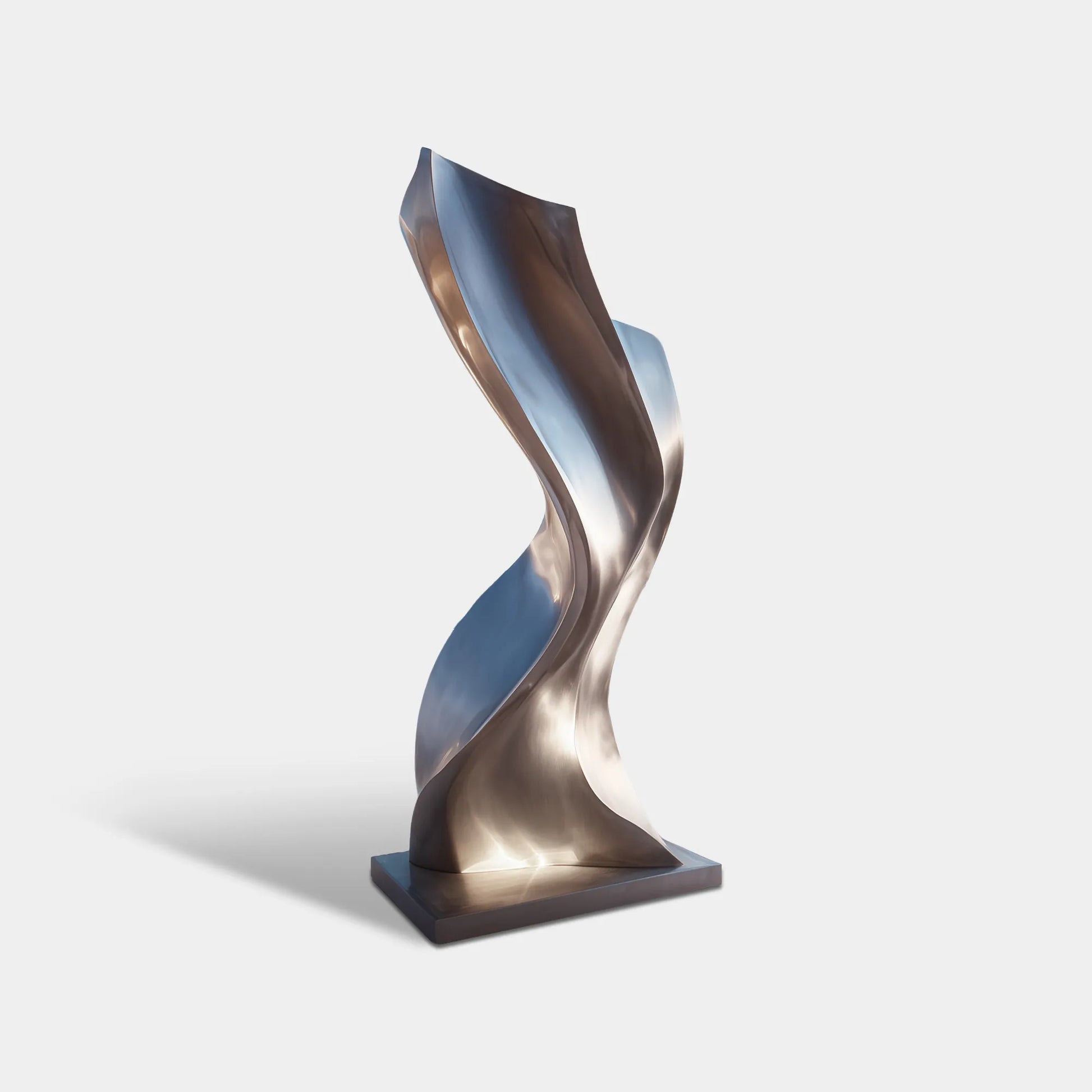 Abstract brushed stainless steel twisting sculpture for a luxury coastal villa courtyard beside an pool.