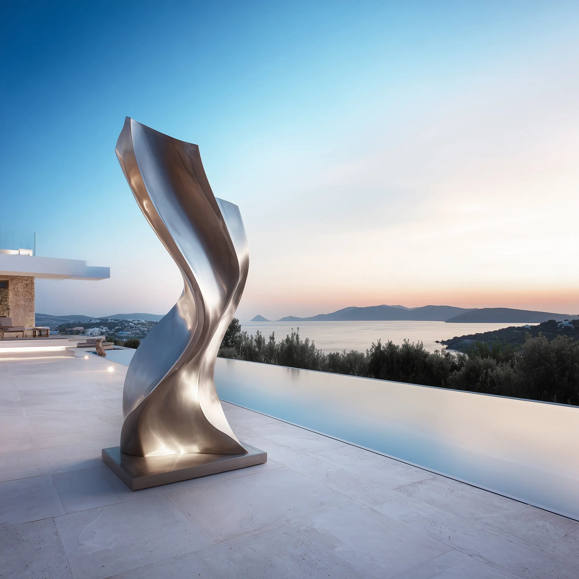 Abstract brushed stainless steel twisting sculpture for a luxury coastal villa courtyard beside an pool.