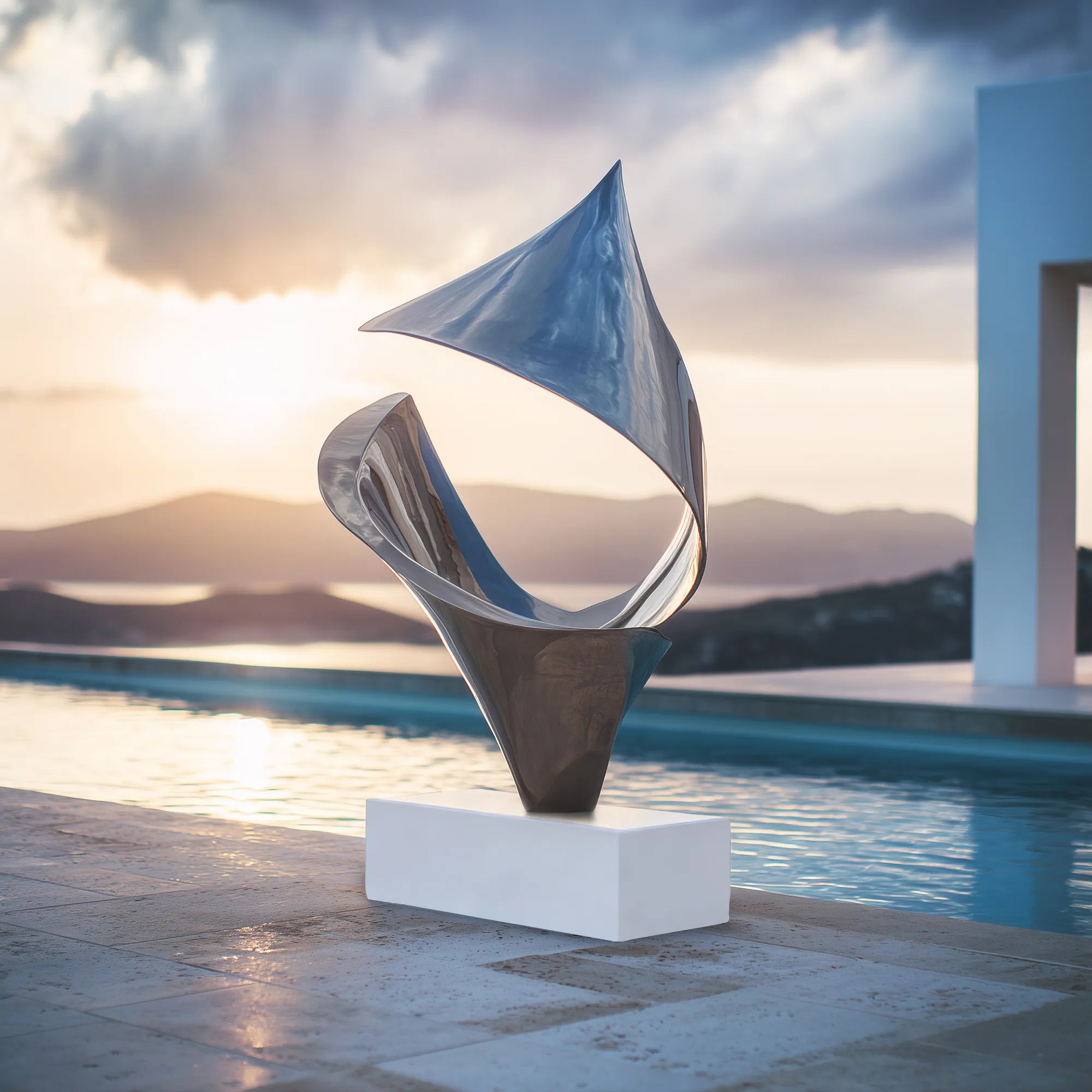 Mirror-polished stainless steel abstract sculpture with sweeping folded forms on a white rectangular pedestal beside a luxury swimming pool at sunset.