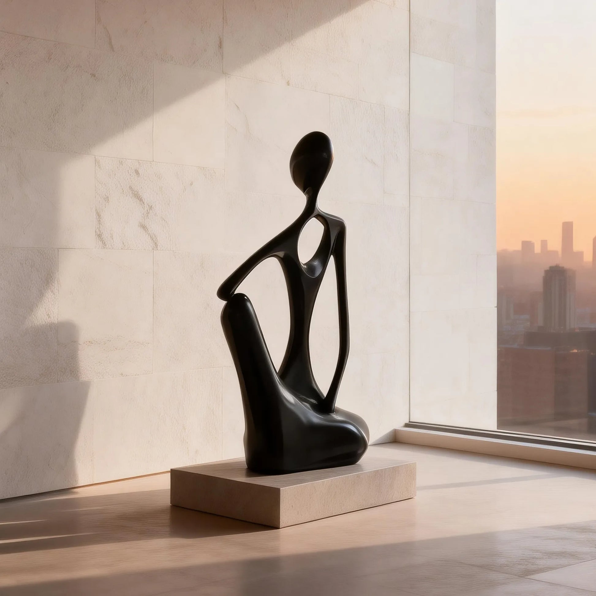 Black abstract stainless steel seated human sculpture on a stone pedestal beside a floor-to-ceiling window in a modern interior