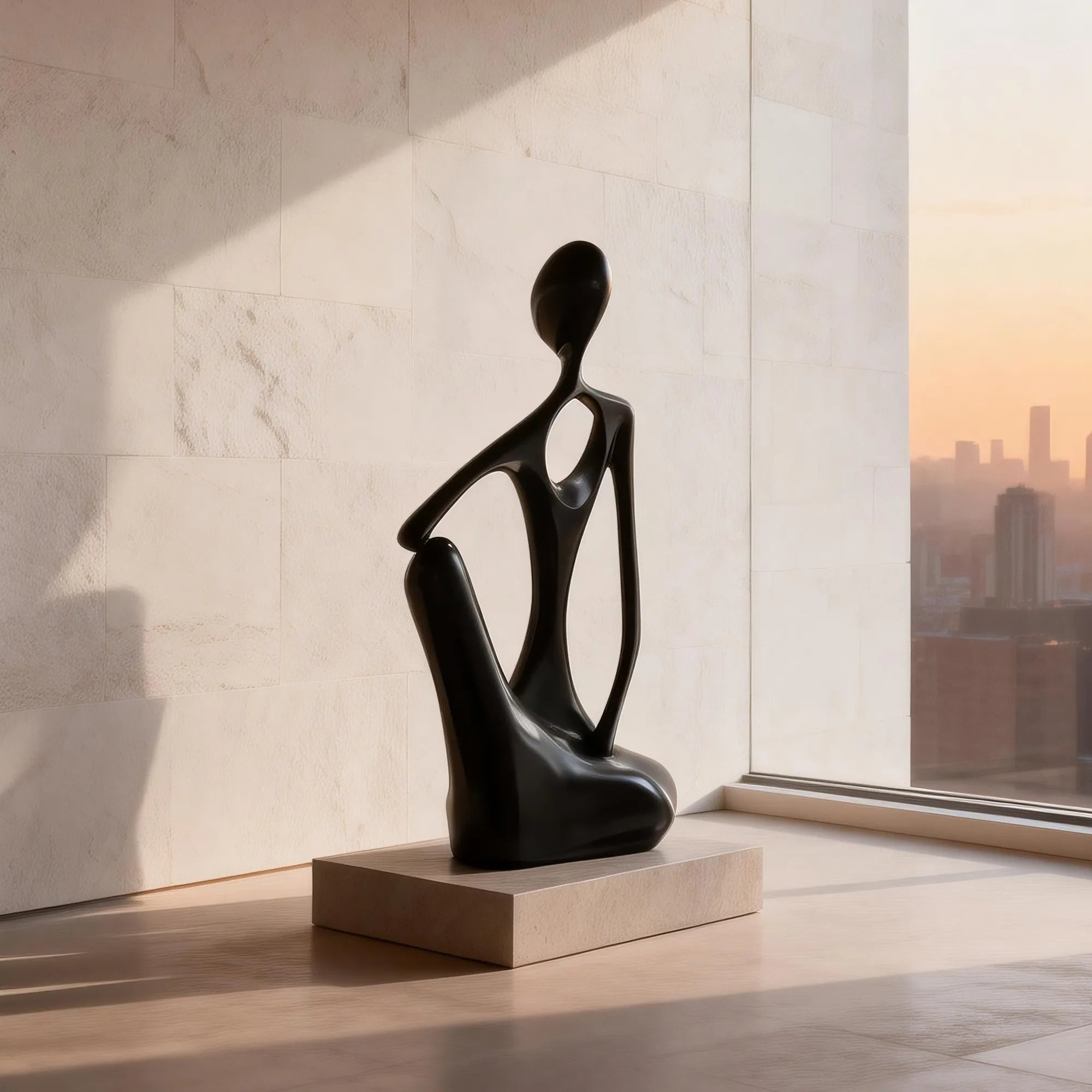 Black abstract stainless steel seated human sculpture on a stone pedestal beside a floor-to-ceiling window in a modern interior