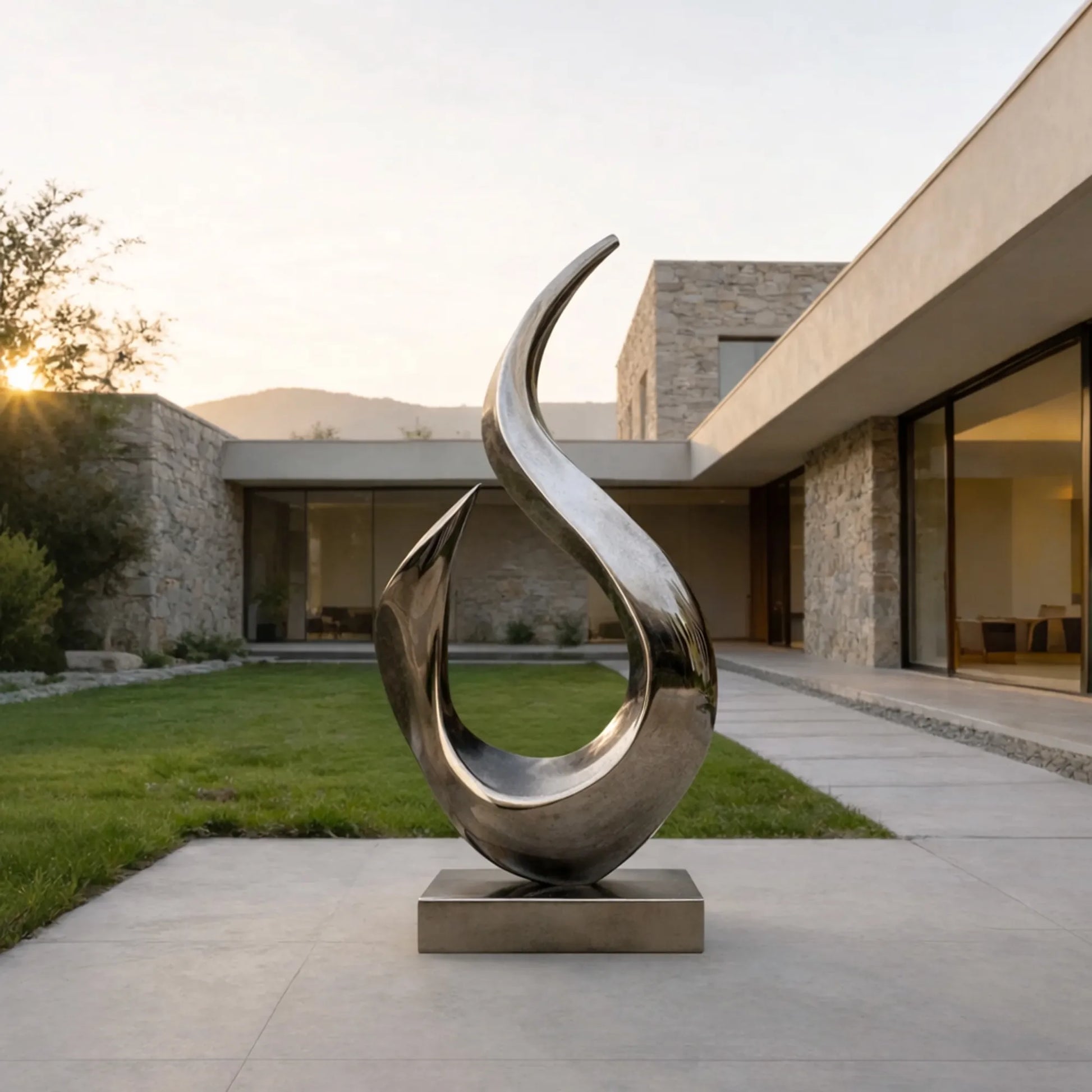 Mirror-polished stainless steel flowing form sculpture on a square base in a modern villa courtyard.