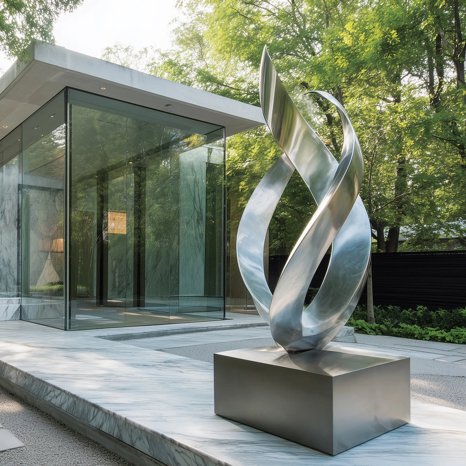 Silver abstract stainless steel sculpture with twisting ribbon forms in a modern villa courtyard.