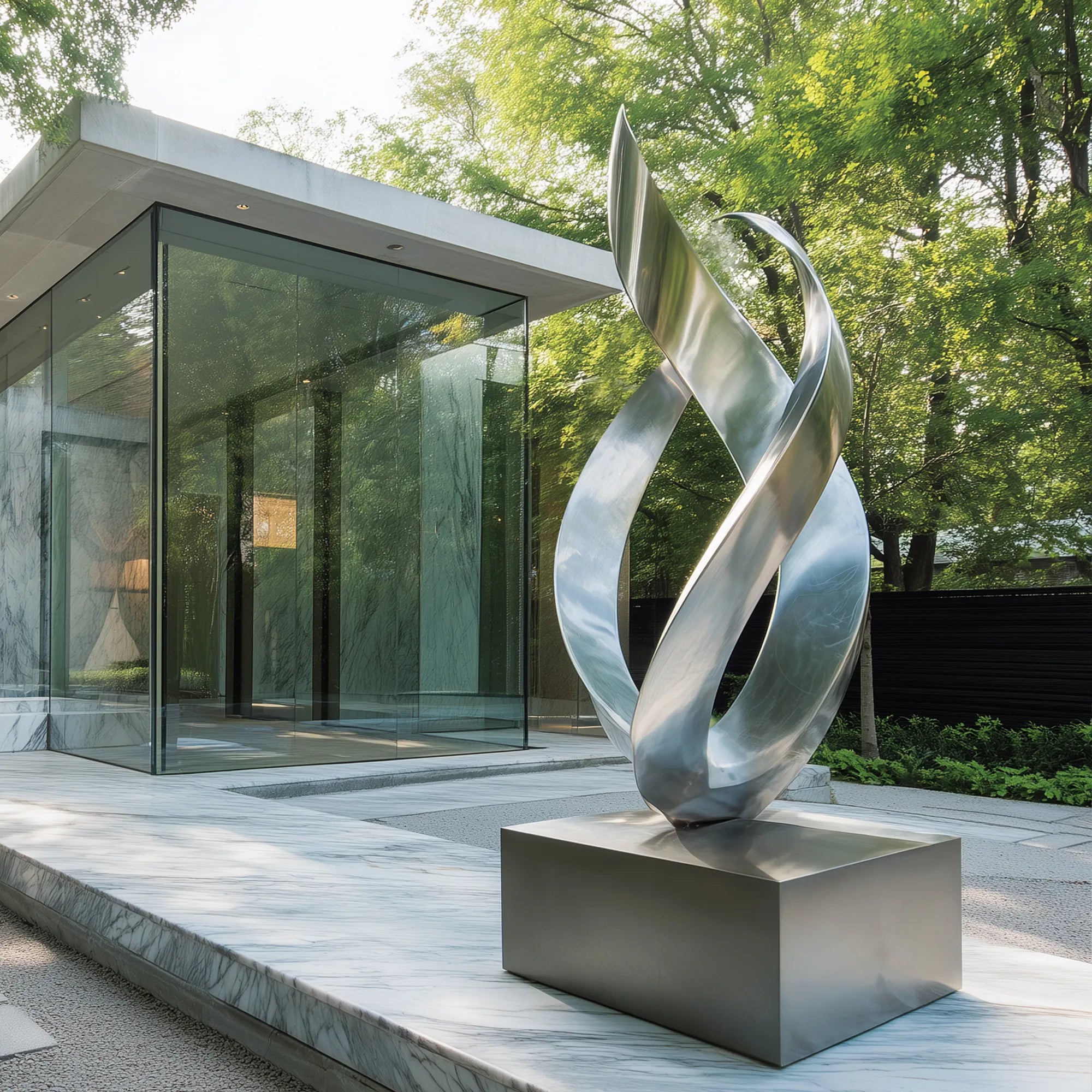 Silver abstract stainless steel sculpture with twisting ribbon forms in a modern villa courtyard.
