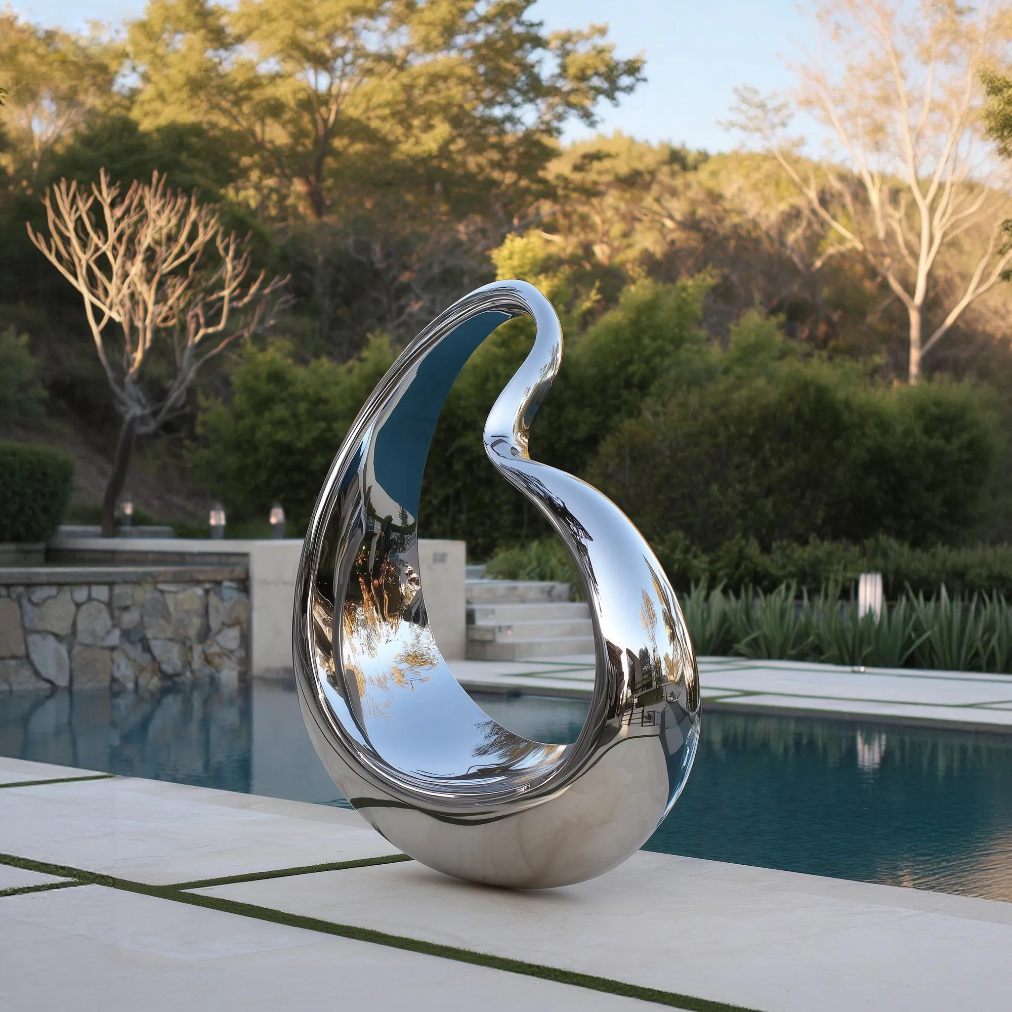 Polished silver stainless steel sculpture with an open teardrop form beside a swimming pool in a landscaped garden