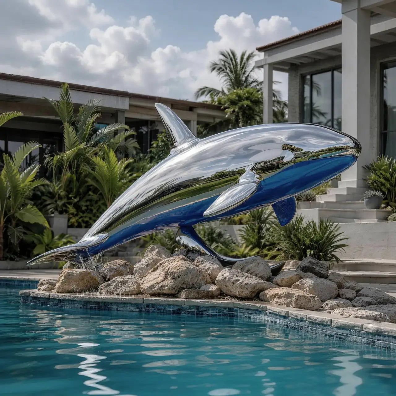 A stainless steel whale statue sits beside a swimming pool at a residence.