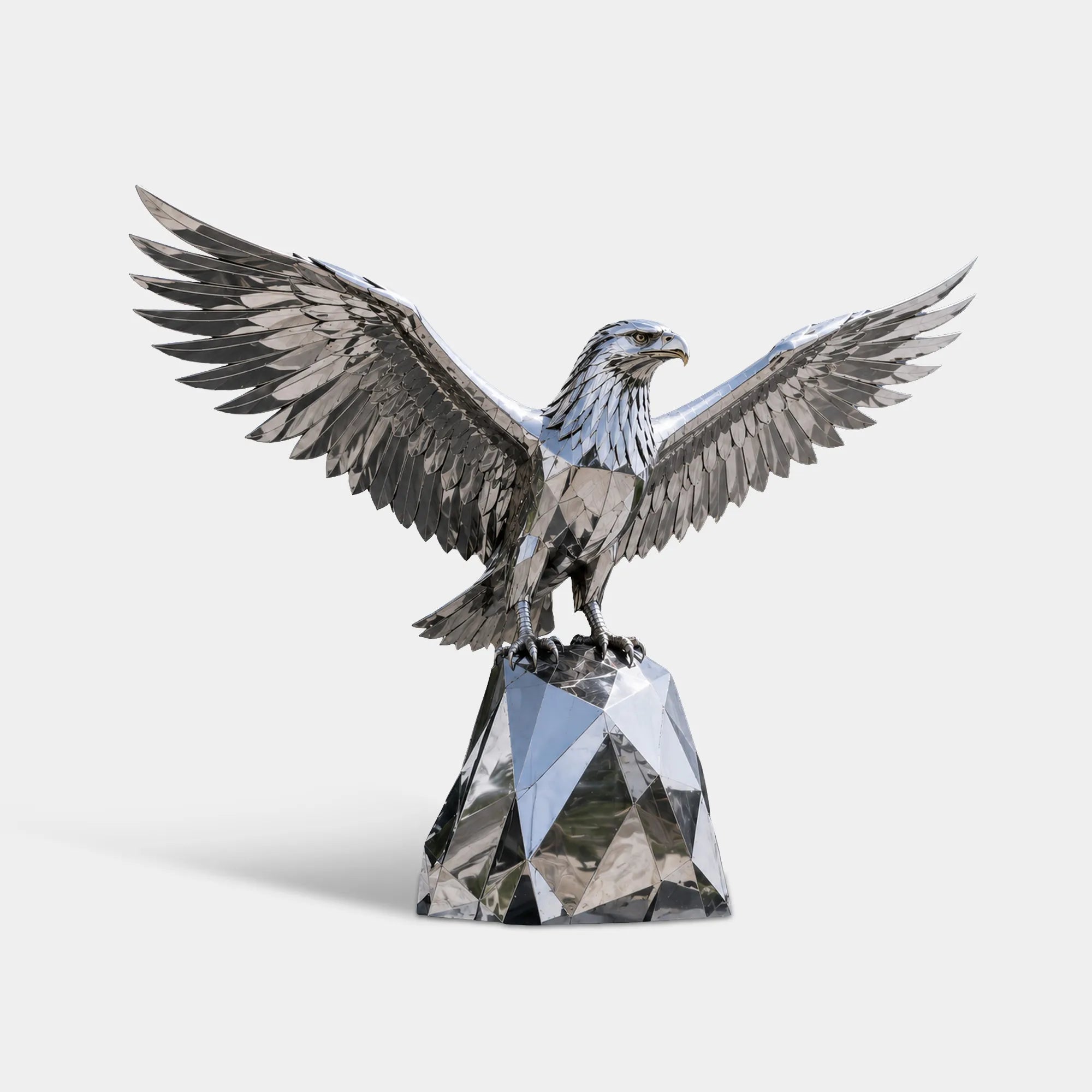 Geometric stainless steel eagle statue sits outside modern building.