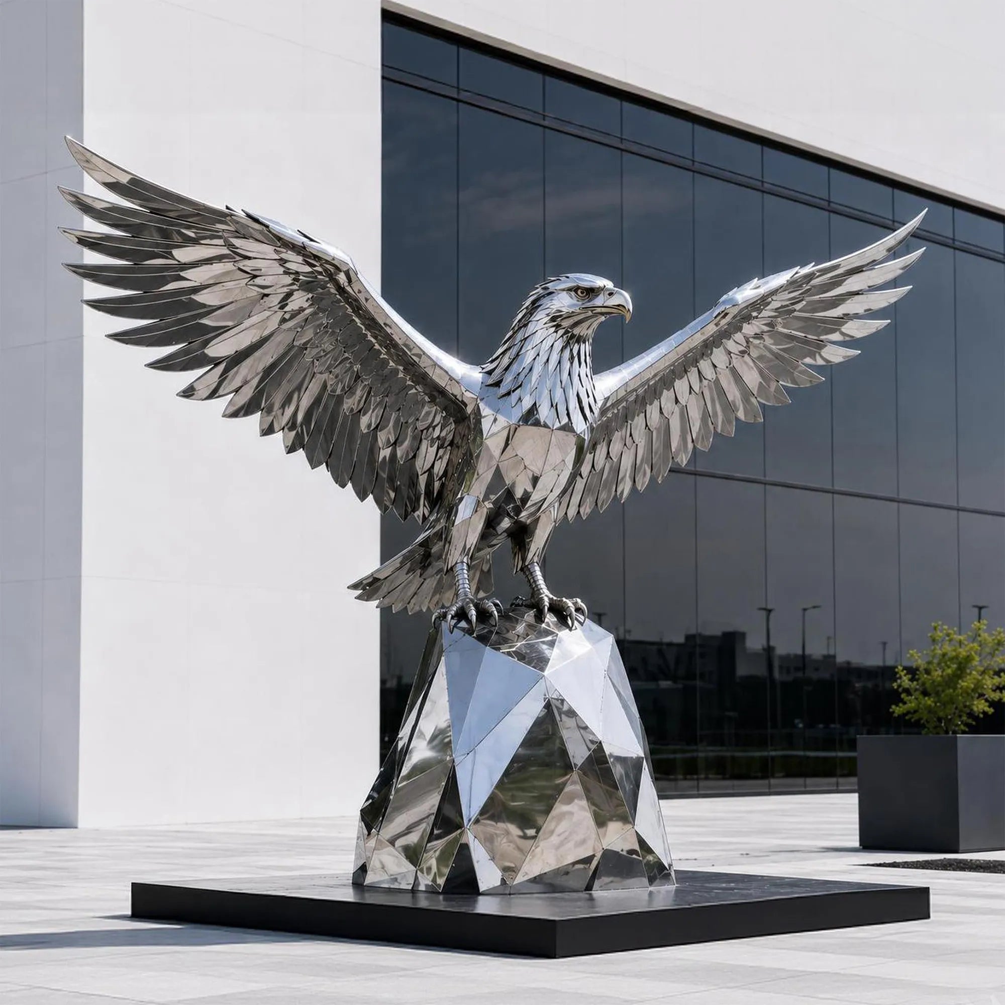 Geometric stainless steel eagle statue sits outside modern building.