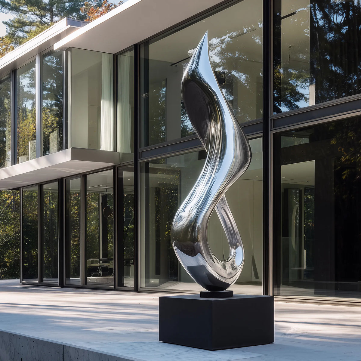 Mirror polished stainless steel abstract sculpture with a tall twisting organic form in the courtyard.