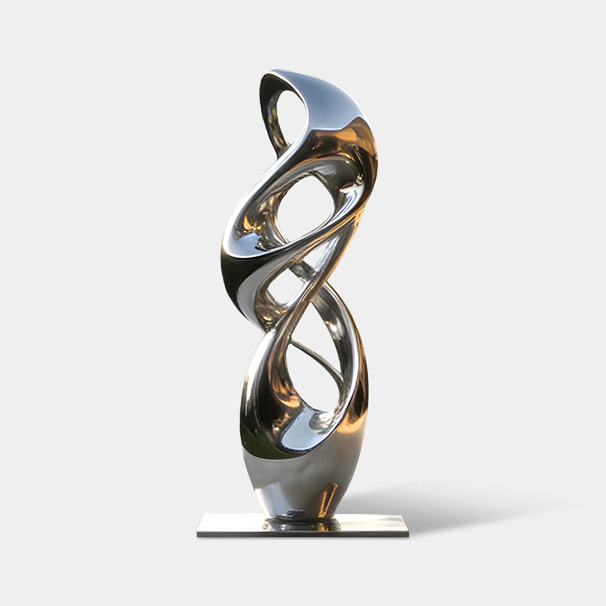 Mirror polished stainless steel abstract sculpture with interwoven ribbon forms, multiple rounded openings.
