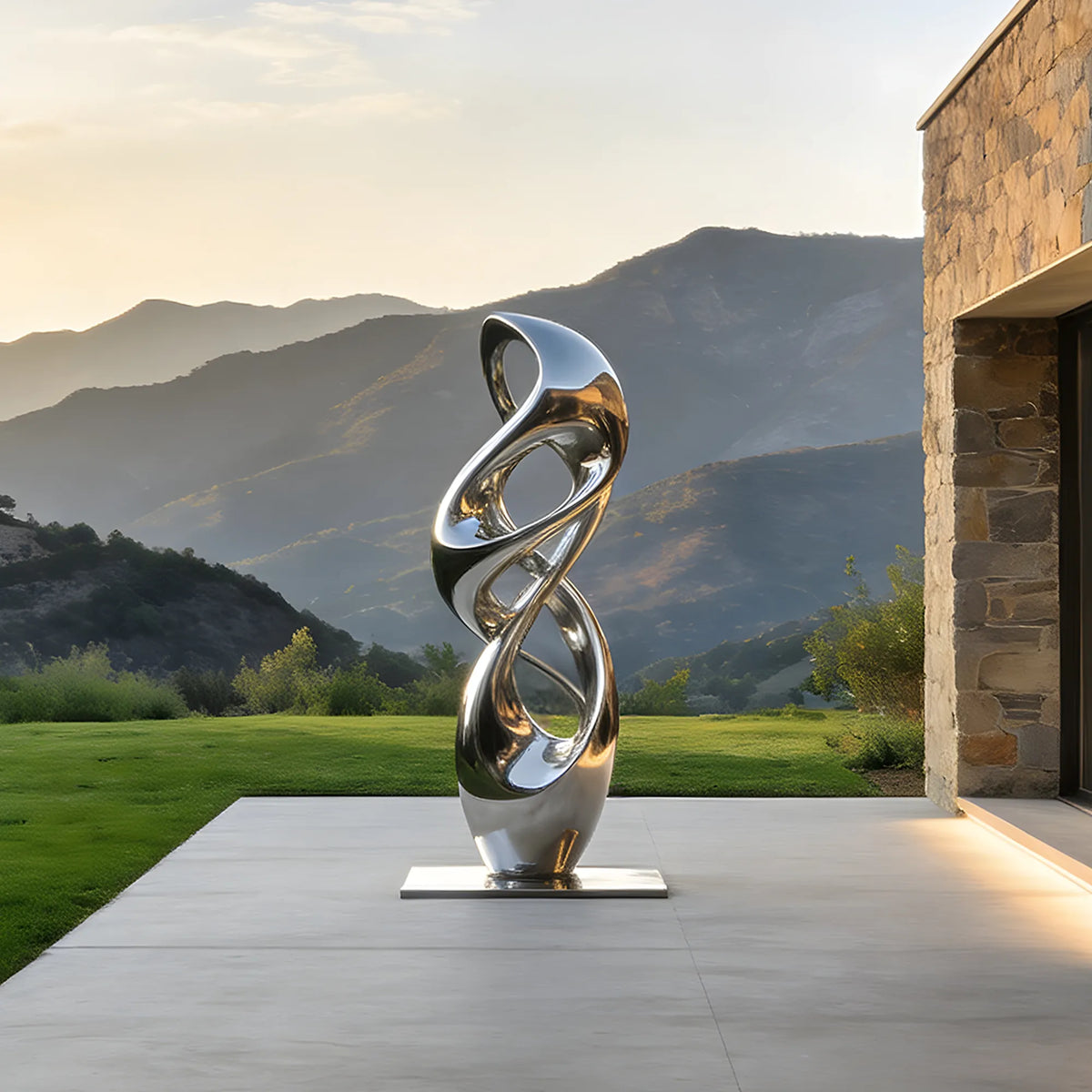 Mirror polished stainless steel abstract sculpture with interwoven ribbon forms, multiple rounded openings.