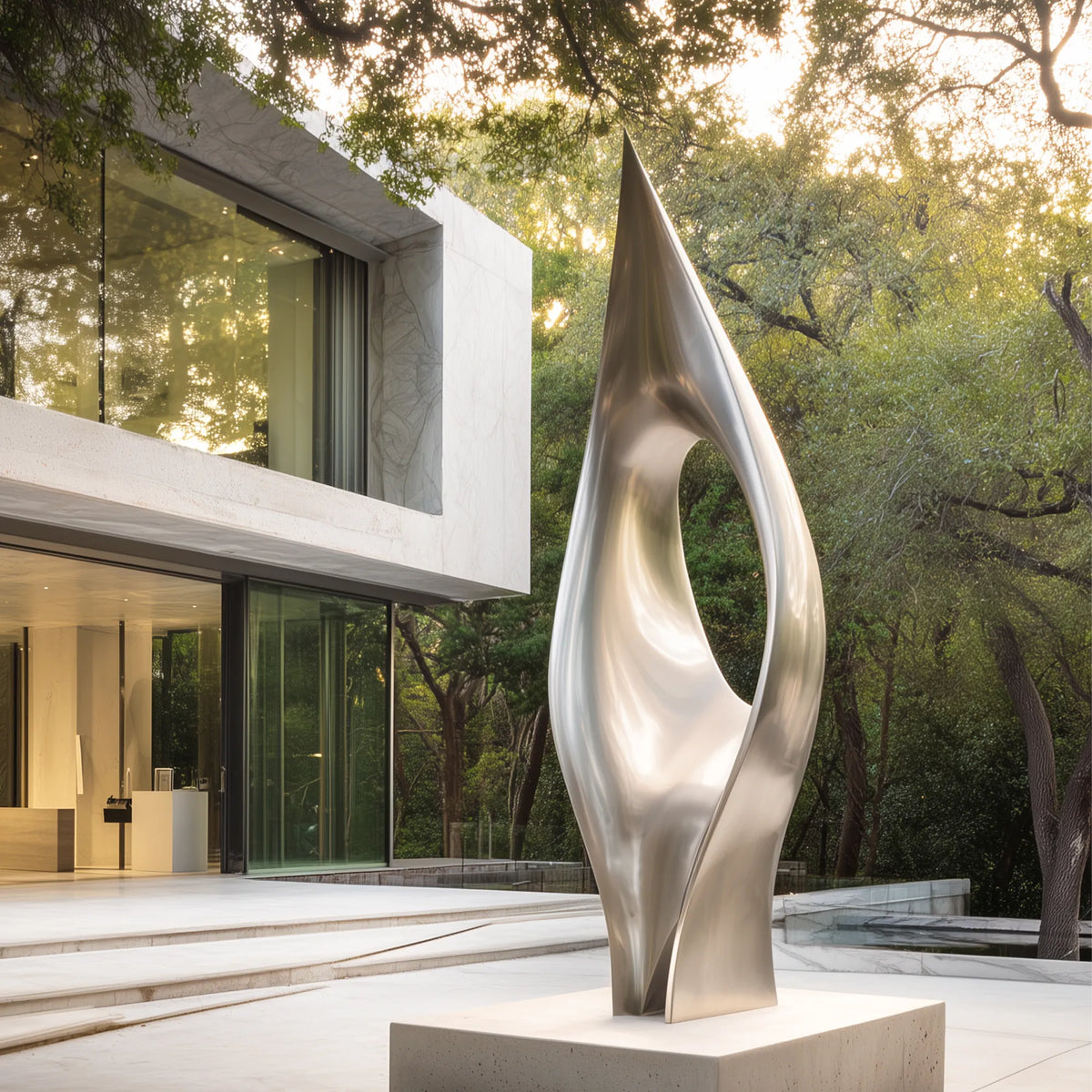 Tall stainless steel sculpture with a pointed flowing form and open center beside a contemporary villa.