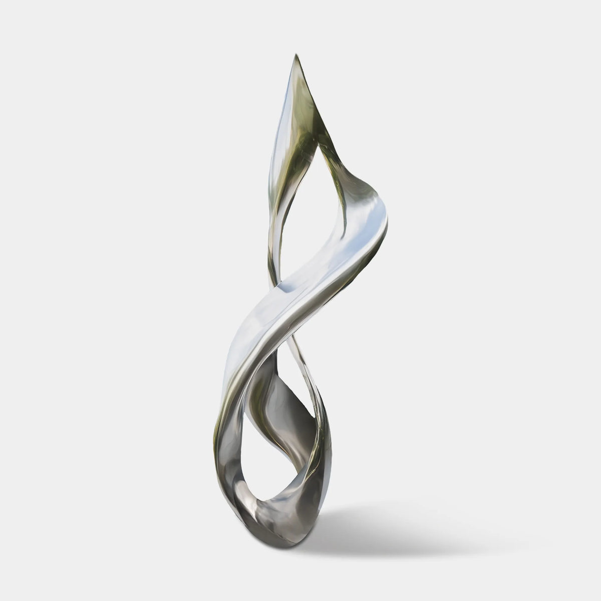 Polished stainless steel spiral sculpture with twisting open forms outside a contemporary glass building