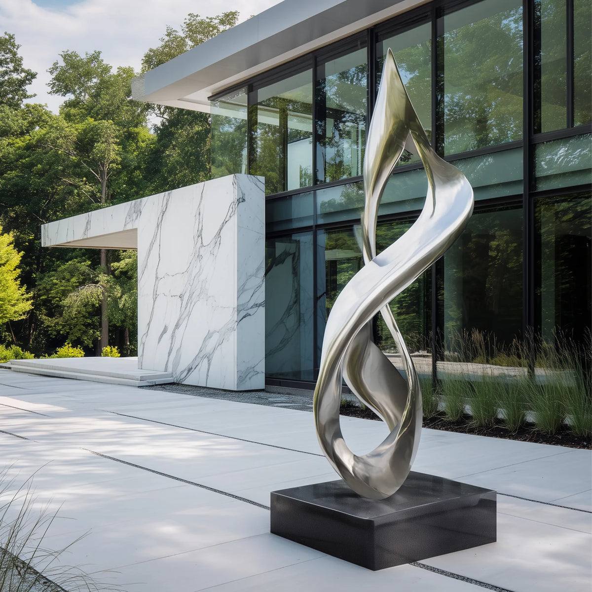 Polished stainless steel spiral sculpture with twisting open forms outside a contemporary glass building