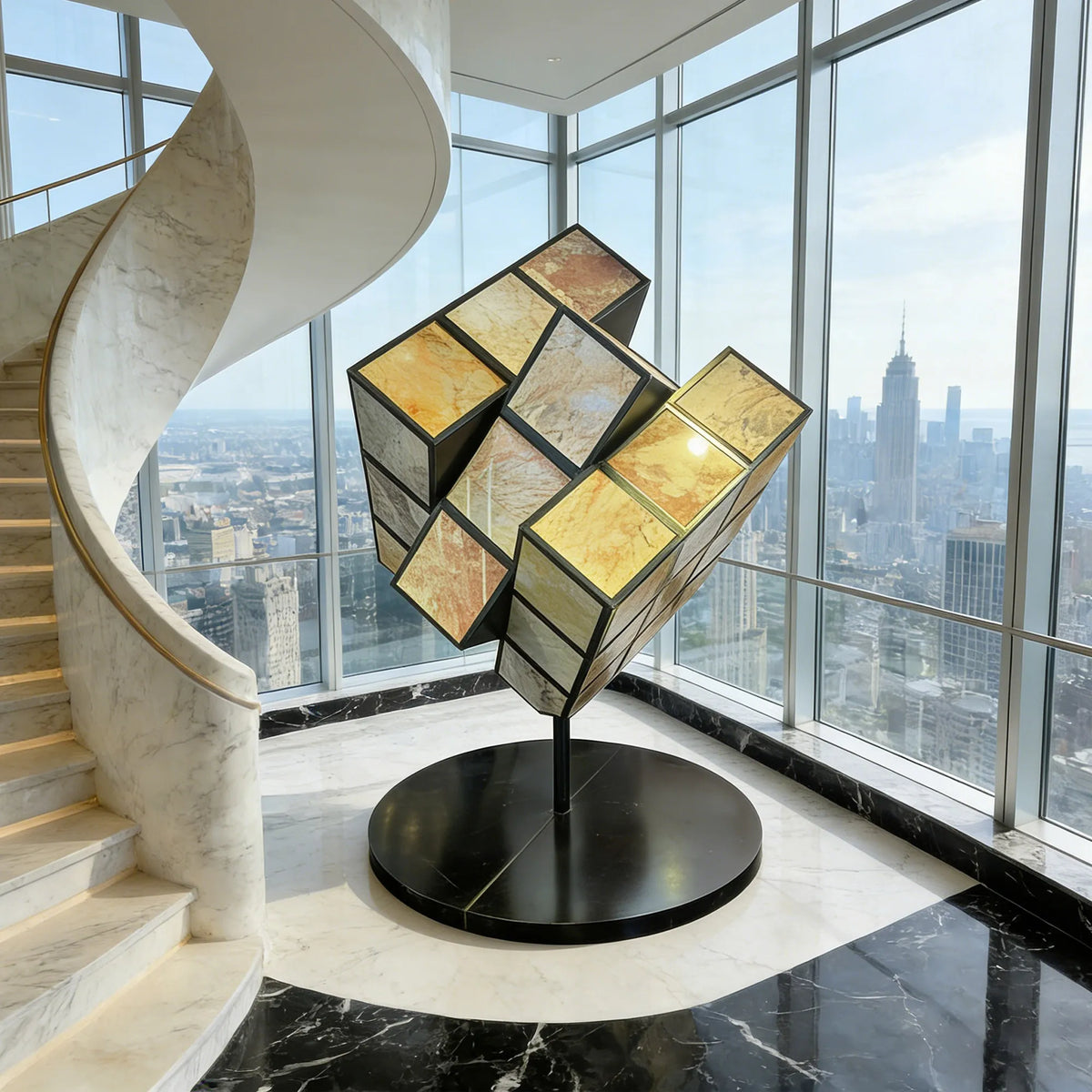 Geometric cube sculpture with natural stone panels inset into stainless steel frames on a round base in a luxury high-rise interior