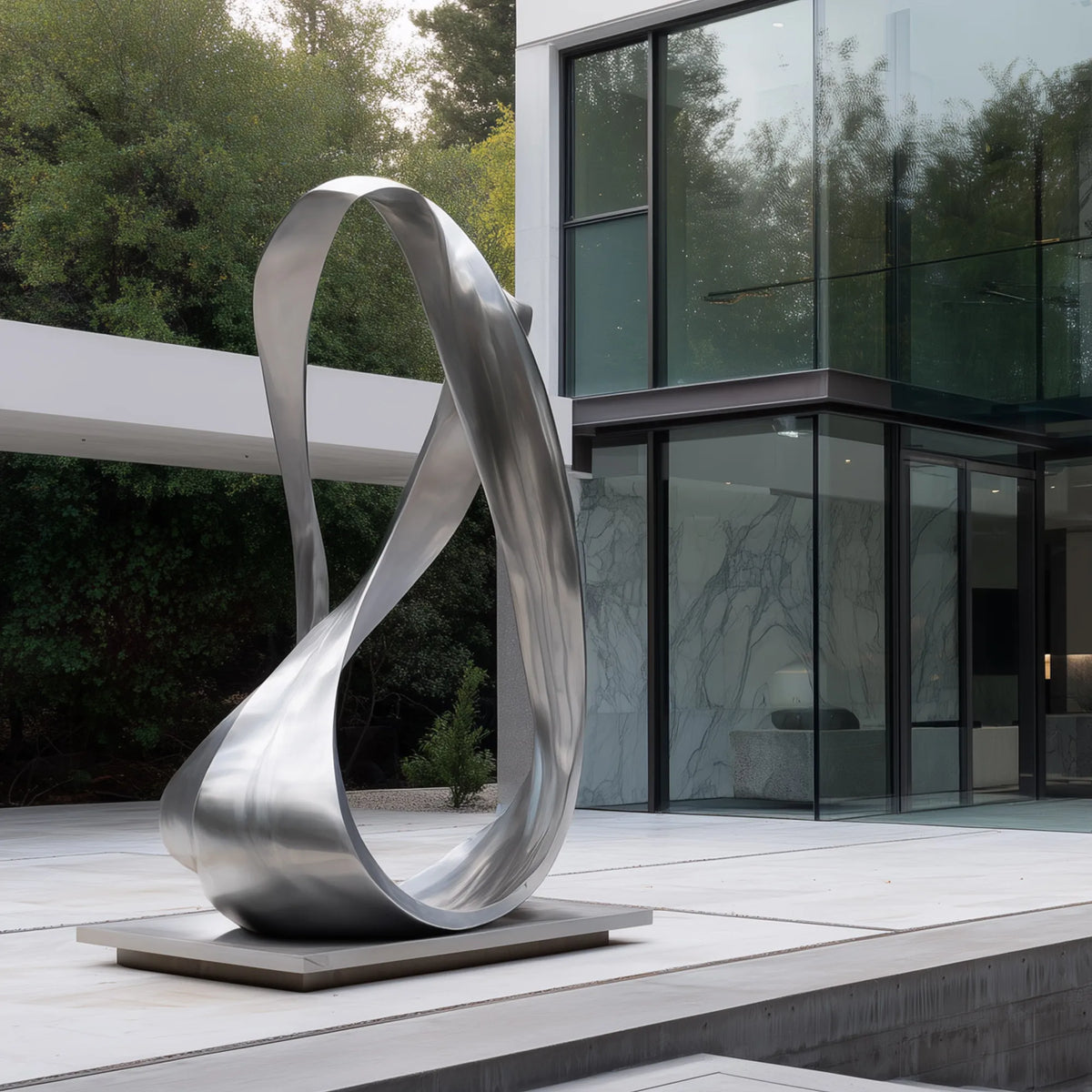 Brushed stainless steel flowing form sculpture with an open looping silhouette outside a contemporary glass villa.